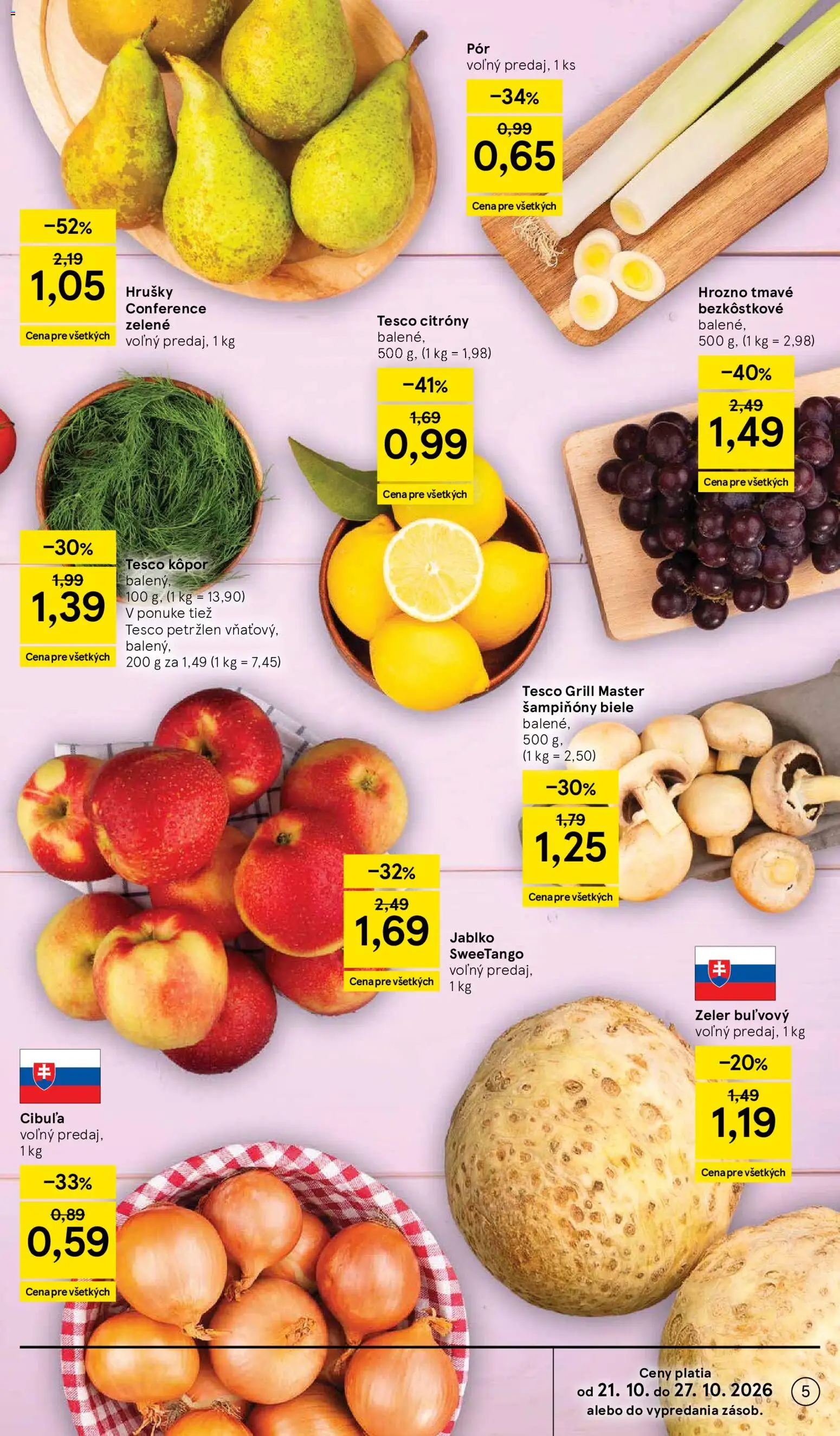 Nové Tesco akcie – leták je platný od 21.10.2026 | Strana: 5 | Produkty: Pór, Citróny, Šampiňóny, Cibuľa