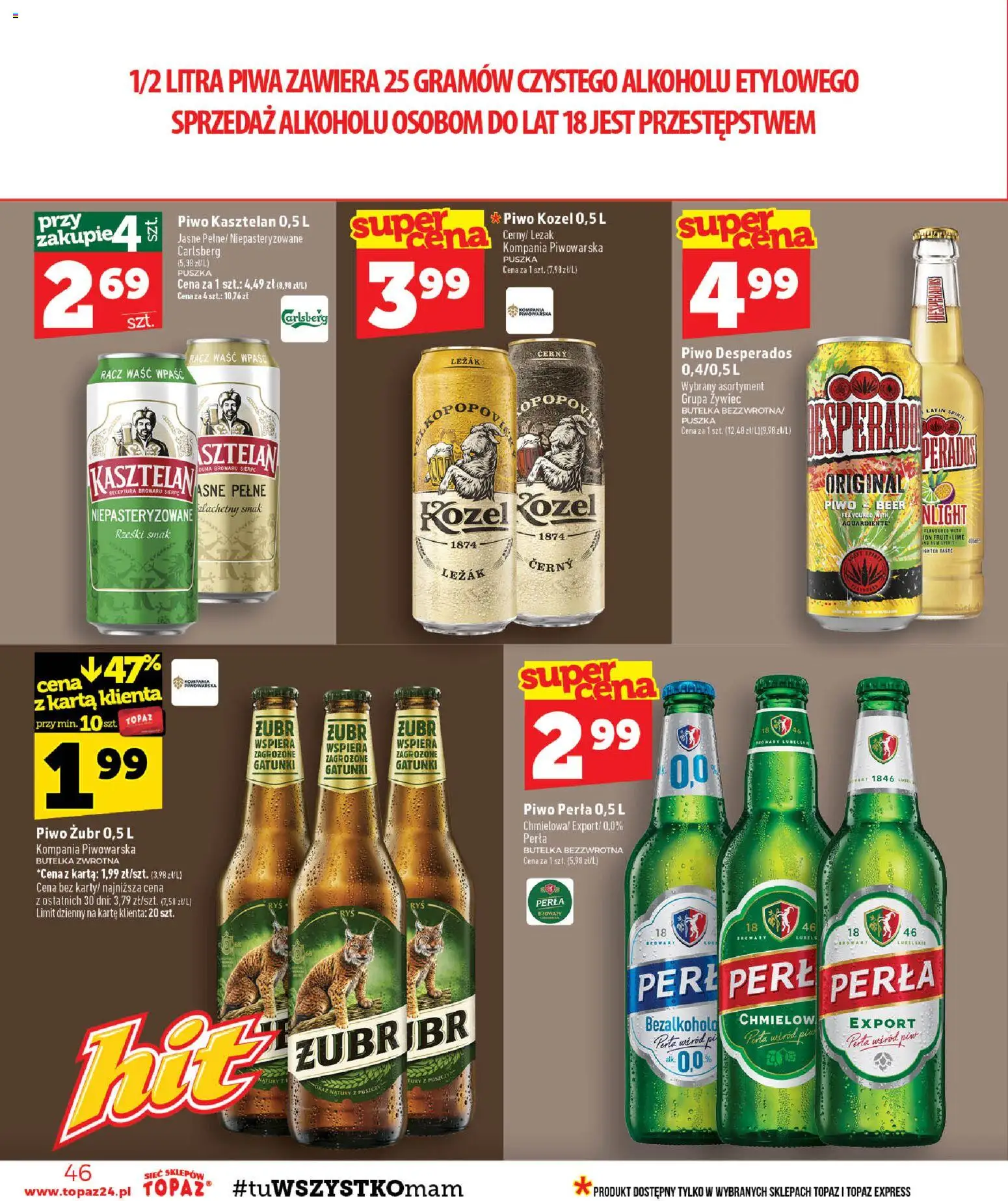 Topaz gazetka od 22.10.2026 | Strona: 46 | Produkty: Piwo żubr, Carlsberg, Piwo kasztelan, Piwo kozel