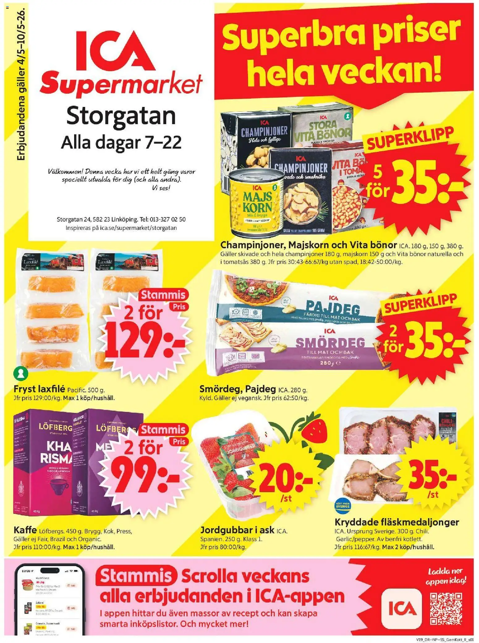ICA Supermarket reklamblad aktuell från 04.05.2026 | Sida: 1 | Produkter: Kaffe, Salami, Champinjoner, Kräm