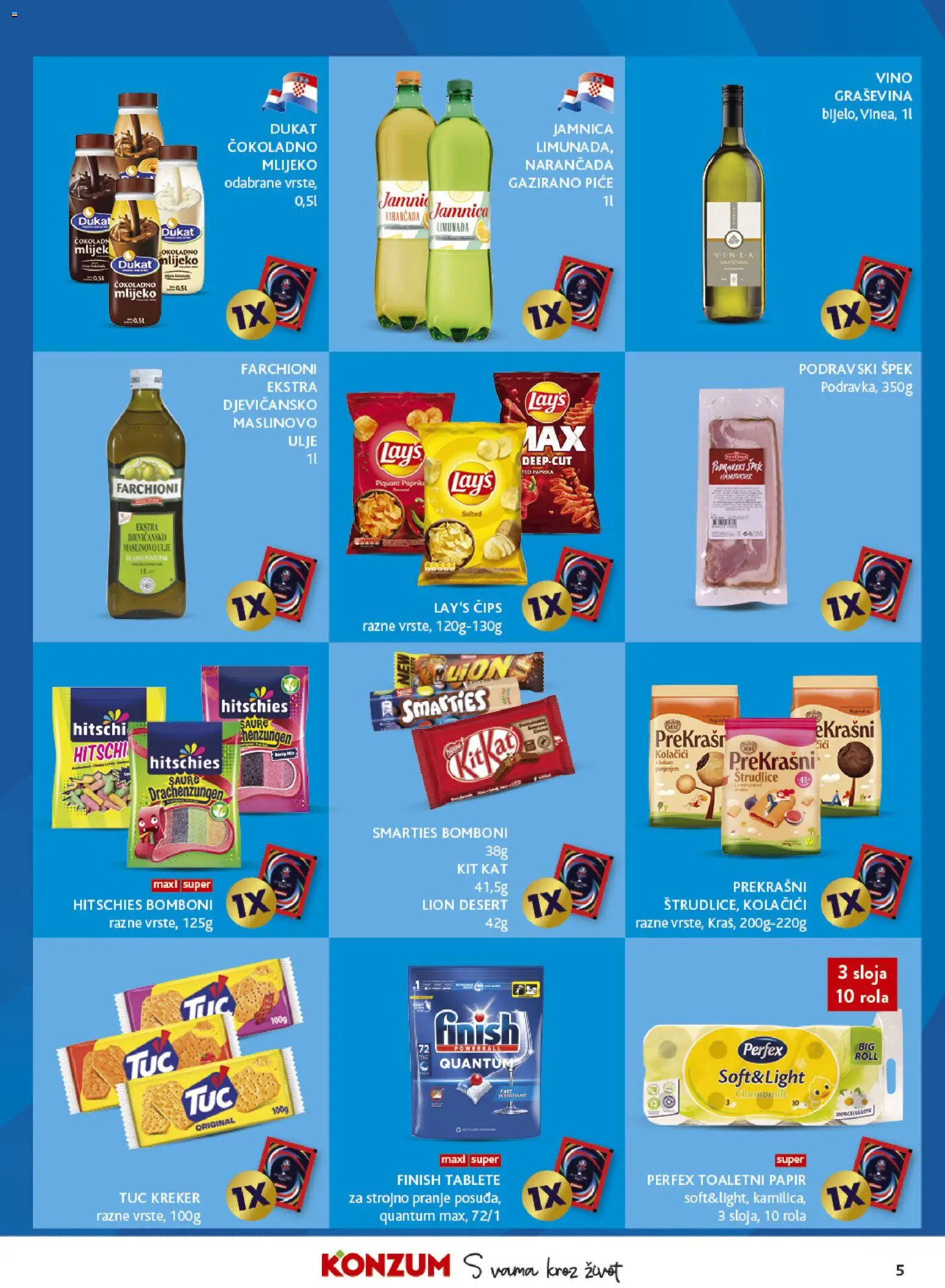 Konzum HR akciós ujság - amely érvényes a következő dátumtól: 2026.07.15. | Oldal: 5 | Termékek: Kréker, KitKat, Bor, Finish