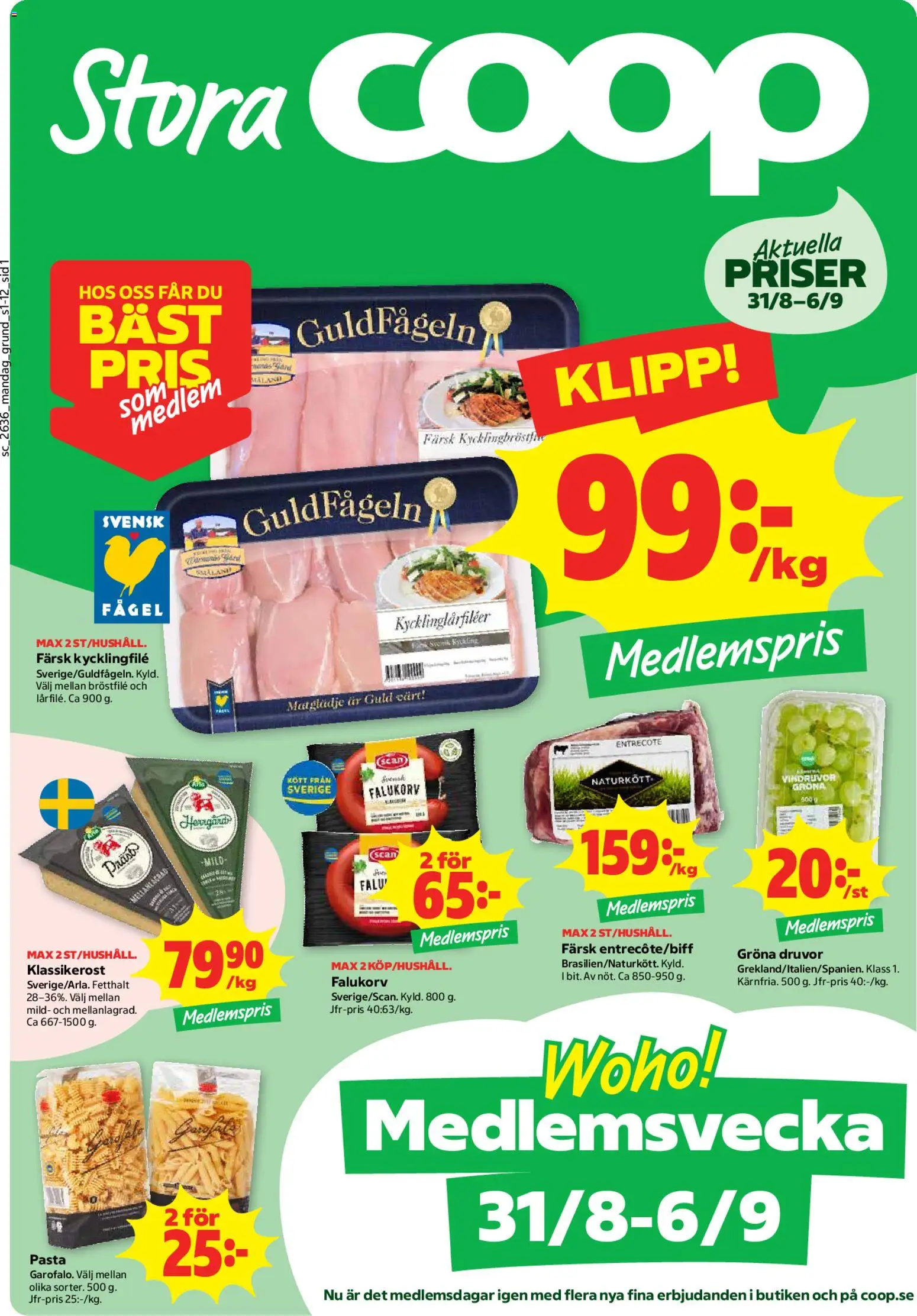 Stora Coop reklamblad aktuell från 31/08/2026 | Sida: 1 | Produkter: Vindruvor, Kycklingfile, Falukorv, Pasta