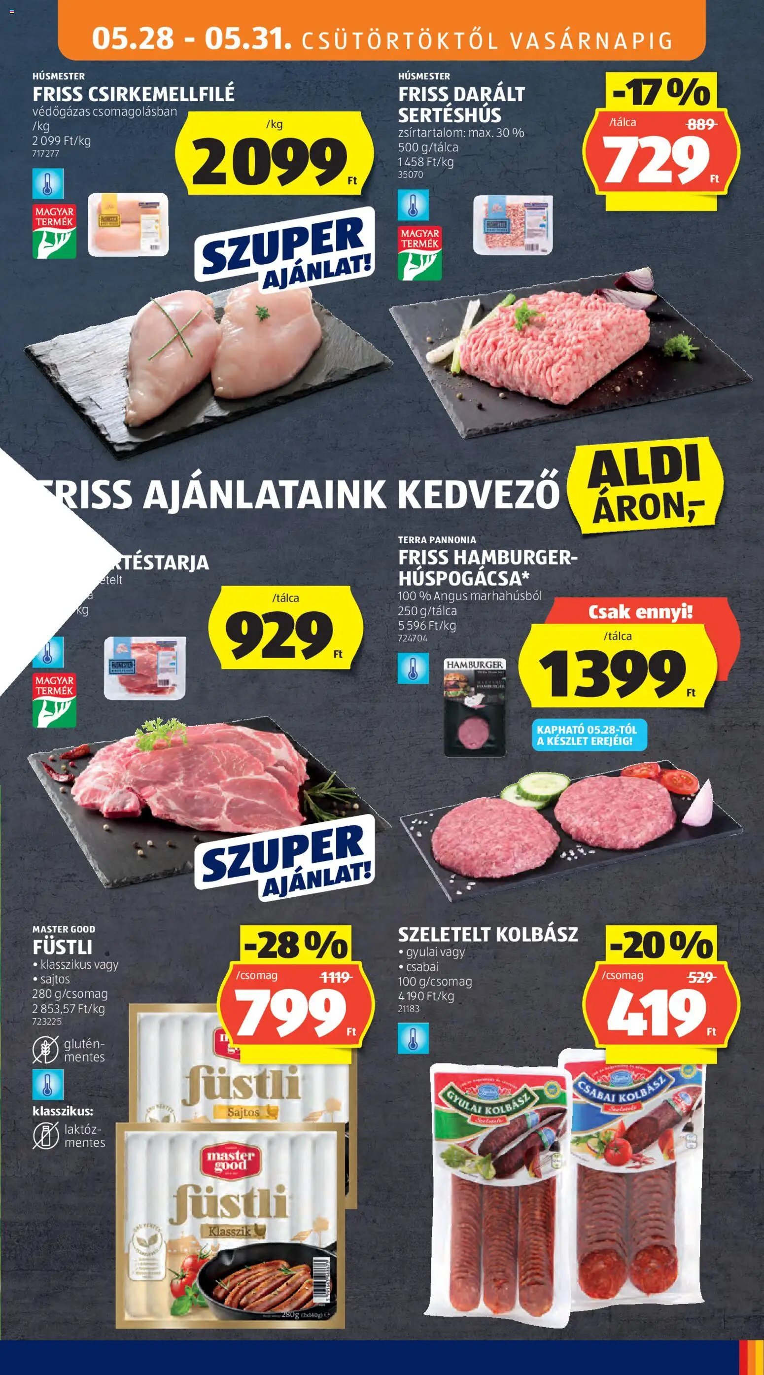 Aldi akciós ujság - amely érvényes a következő dátumtól: 28.05.2026 | Oldal: 11 | Termékek: Hamburger, Csabai kolbász, Darált sertéshús, Sertéshús