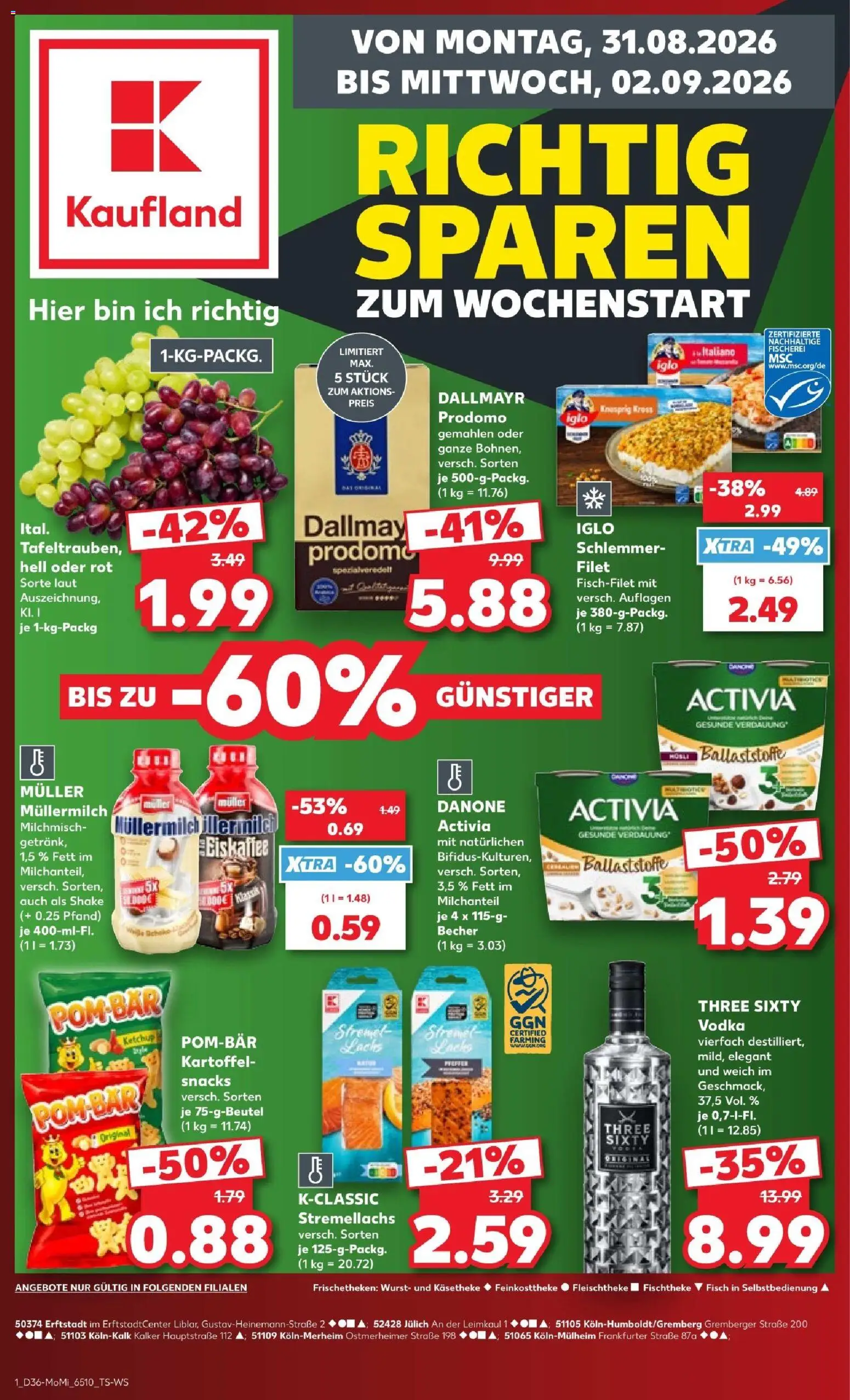 Kaufland Prospekt Köln – gültig ab 31.08.2026 | Seite: 1 | Produkte: Fisch, Wurst, Müllermilch, Vodka
