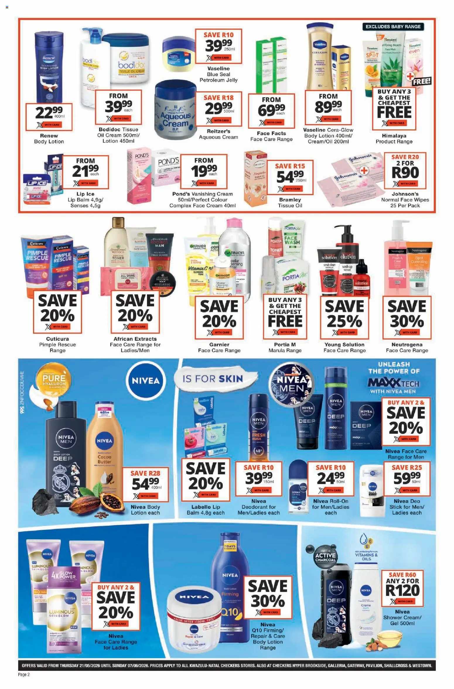 New Checkers catalogue – valid from 21.05.2026 | Page: 2 | Products: Tissue oil, Deodorant, Lotion, Lip balm