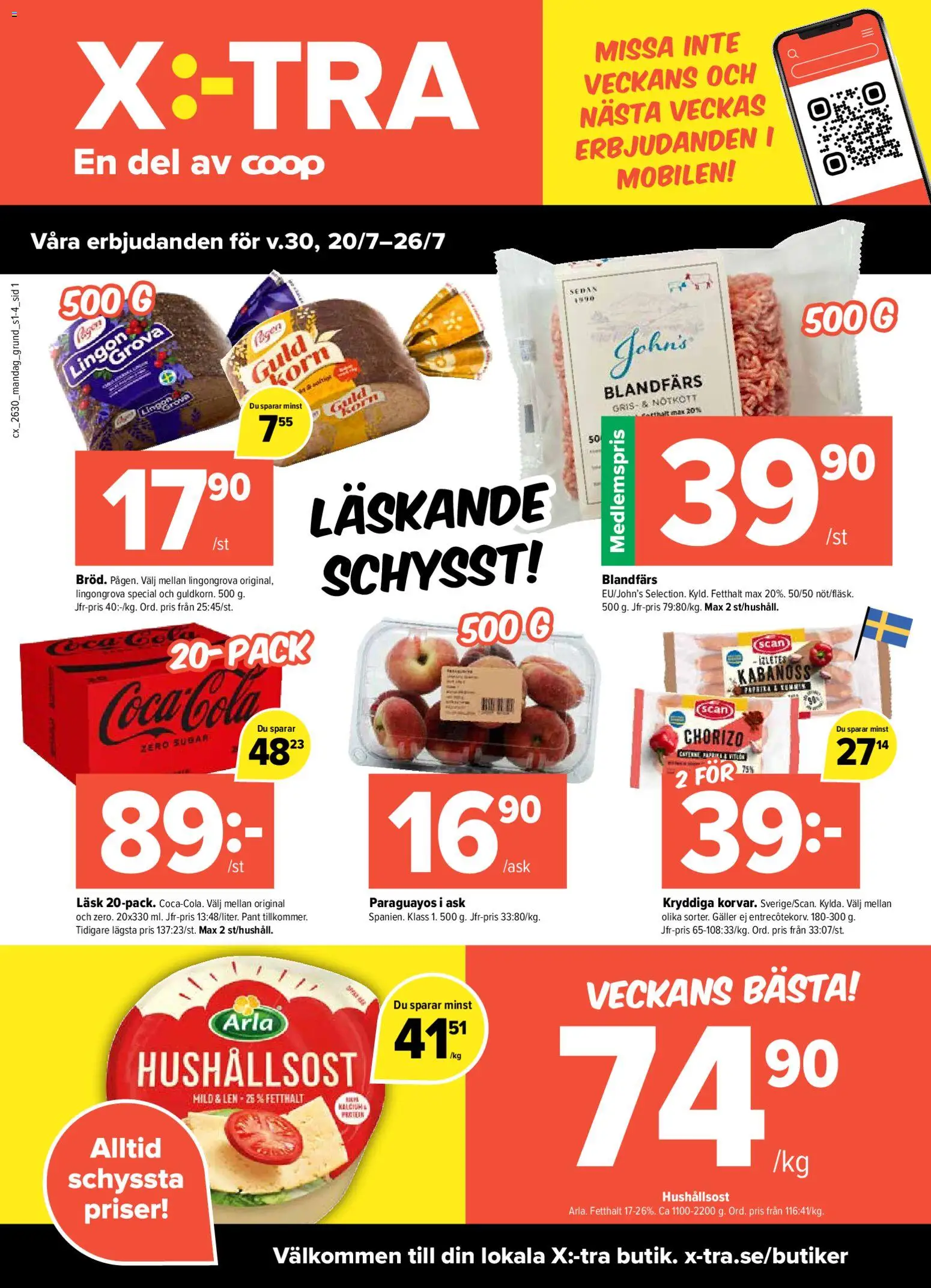 Coop X:-TRA reklamblad aktuell från 20/07/2026 | Sida: 1 | Produkter: Hushållsost, Blandfärs, Nötkött, Chorizo
