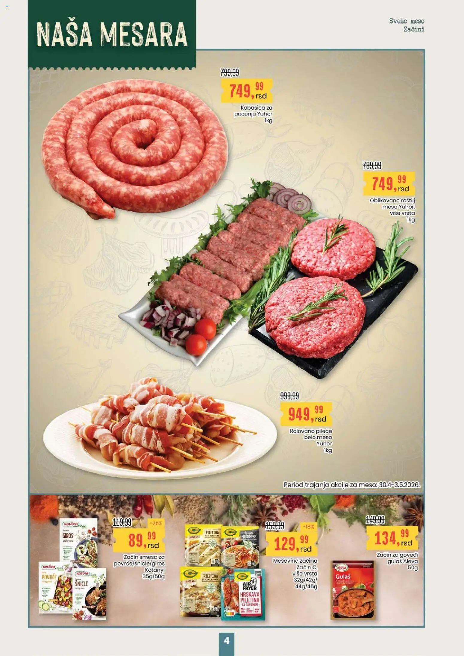 Aroma Market katalog - važi od 30.04.2026 | Strana: 4 | Proizvode: Piletina, Kobasica, Roštilj meso, Roštilj