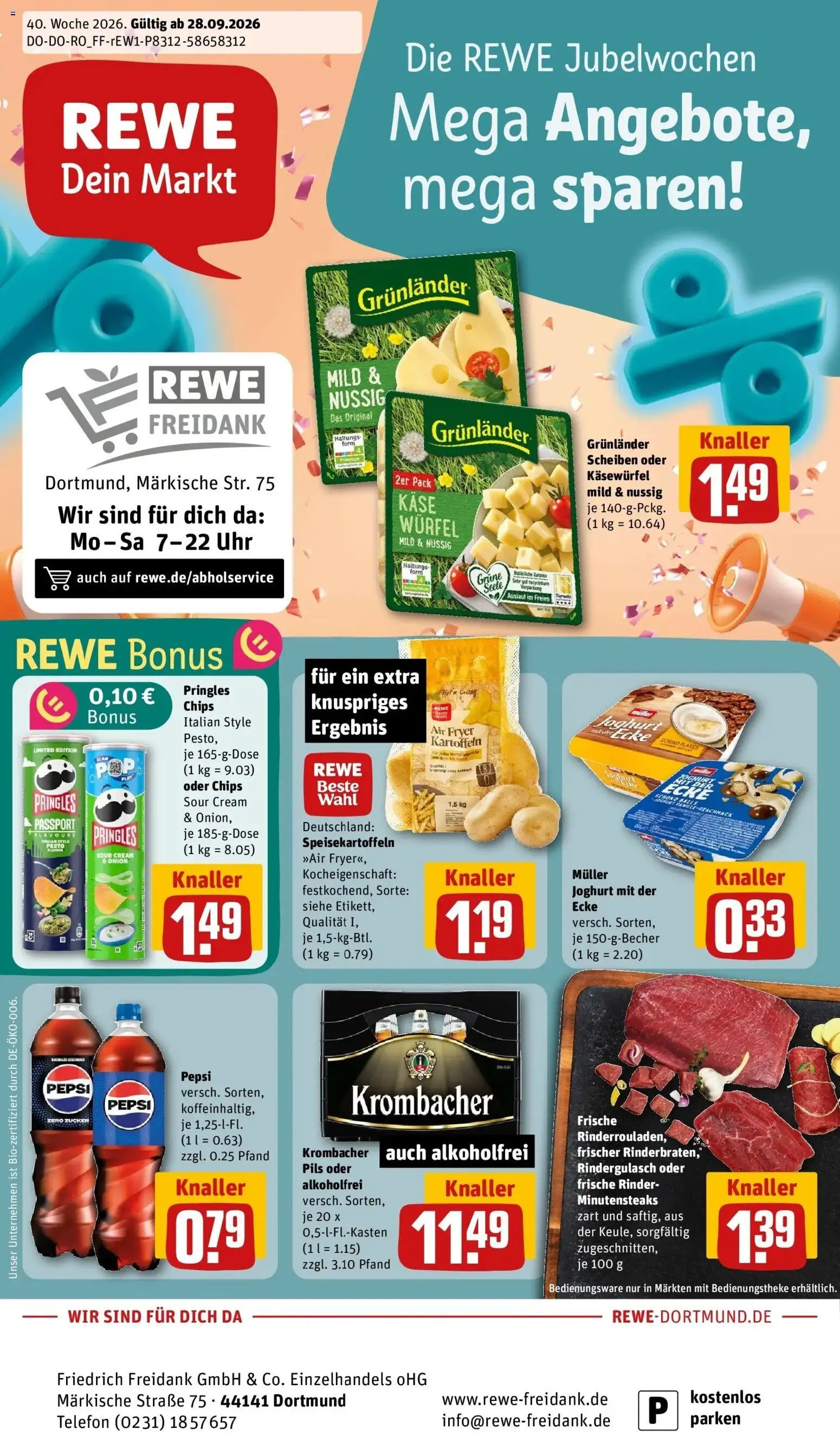 REWE Prospekt ab 28.09.2026 zum Blättern » Angebote | Seite: 1 | Produkte: Käse, Grunlander, Krombacher, Pringles