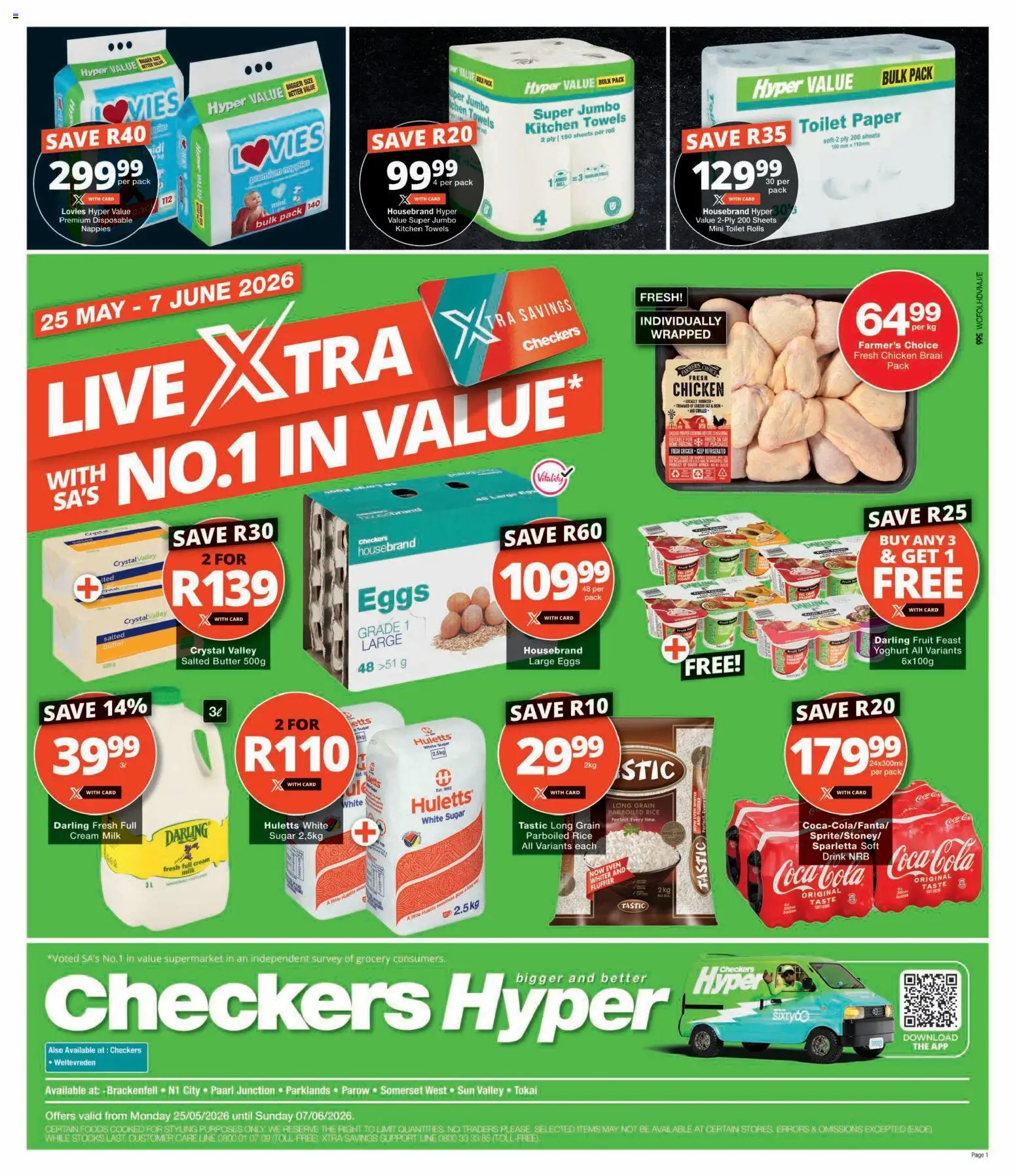 New Checkers catalogue – valid from 25.05.2026 | Page: 1 | Products: Yoghurt, Toilet, Eggs, Toilet paper