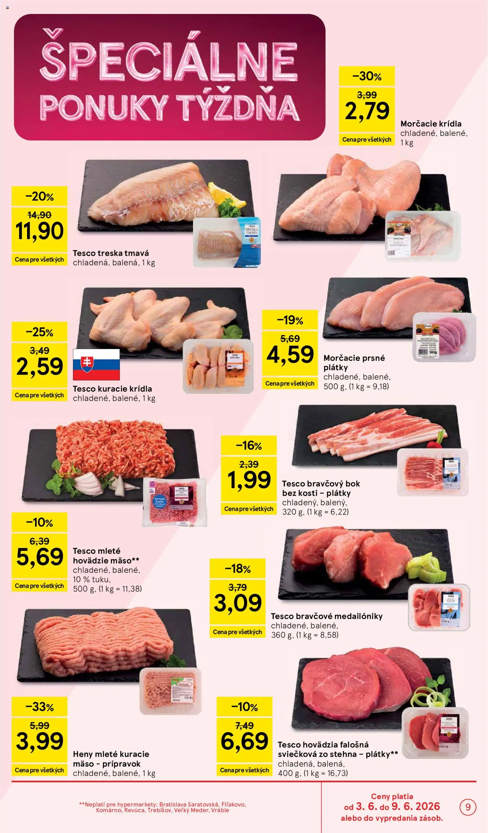 Nové Tesco akcie – leták je platný od 03.06.2026 | Strana: 9 | Produkty: Hovädzie mäso, Mäso, Steak, Kuracie krídla