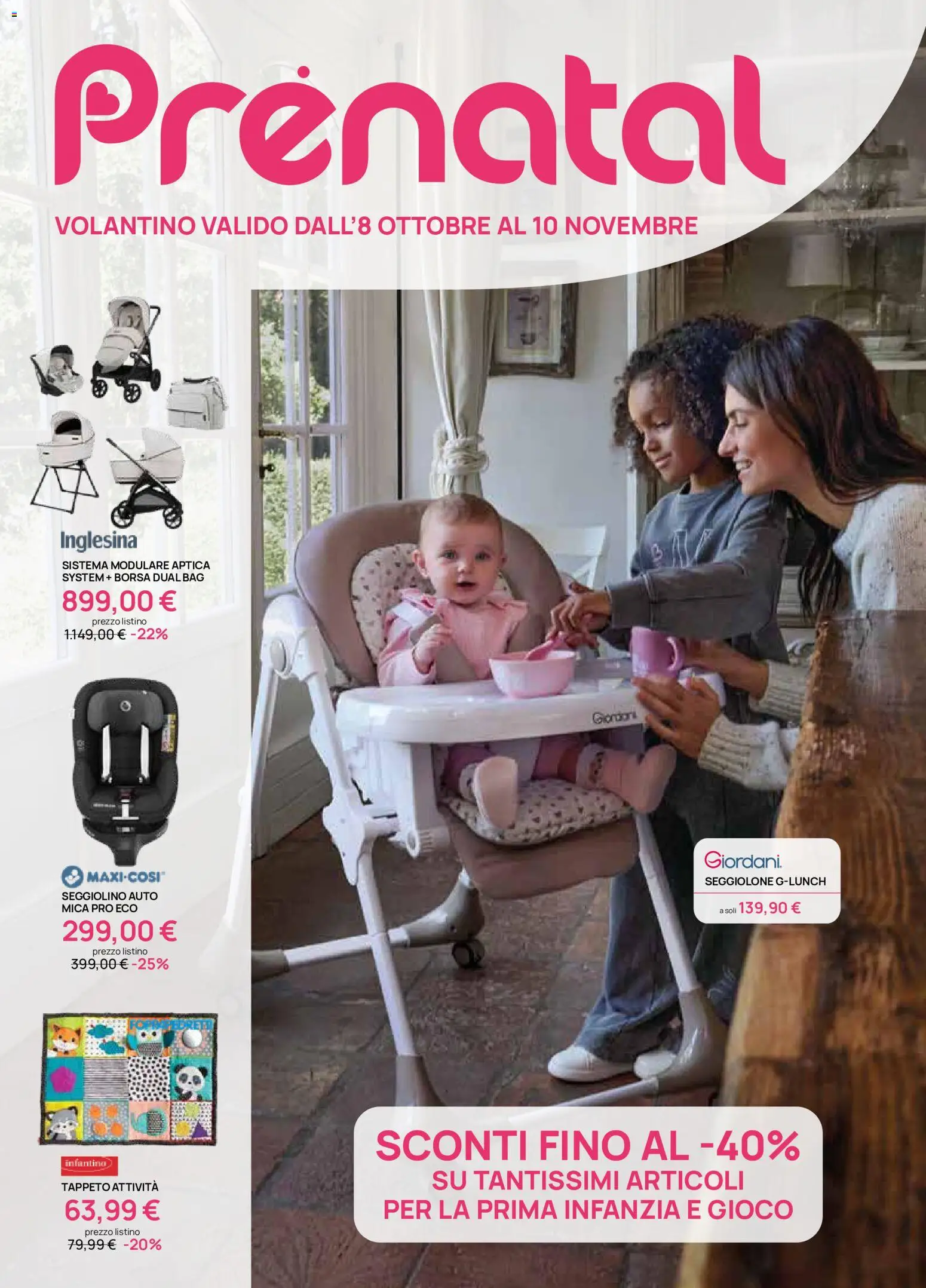 Volantino Prenatal del 08/10/2026 | Pagina: 1 | Prodotti: Seggiolino, Gioco, Borsa, Tappeto
