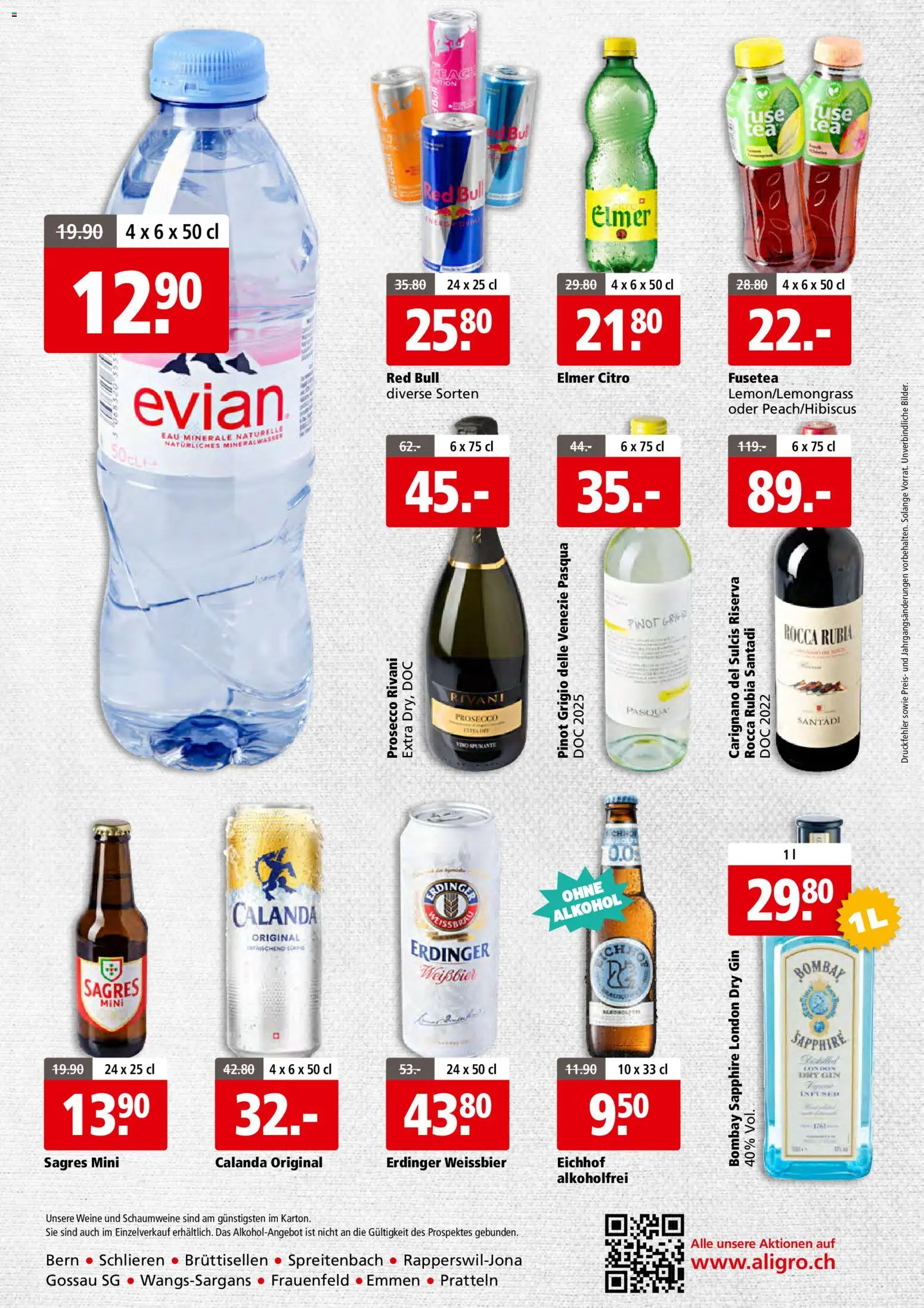 Aligro aktionen Business Schlieren, Gossau SG, Frauenfeld, Rapperswil-Jona, Sargans, Bern – gültig ab 05.10.2026 | Seite: 4 | Produkte: Red bull, Weißbier, Mineralwasser, Gin