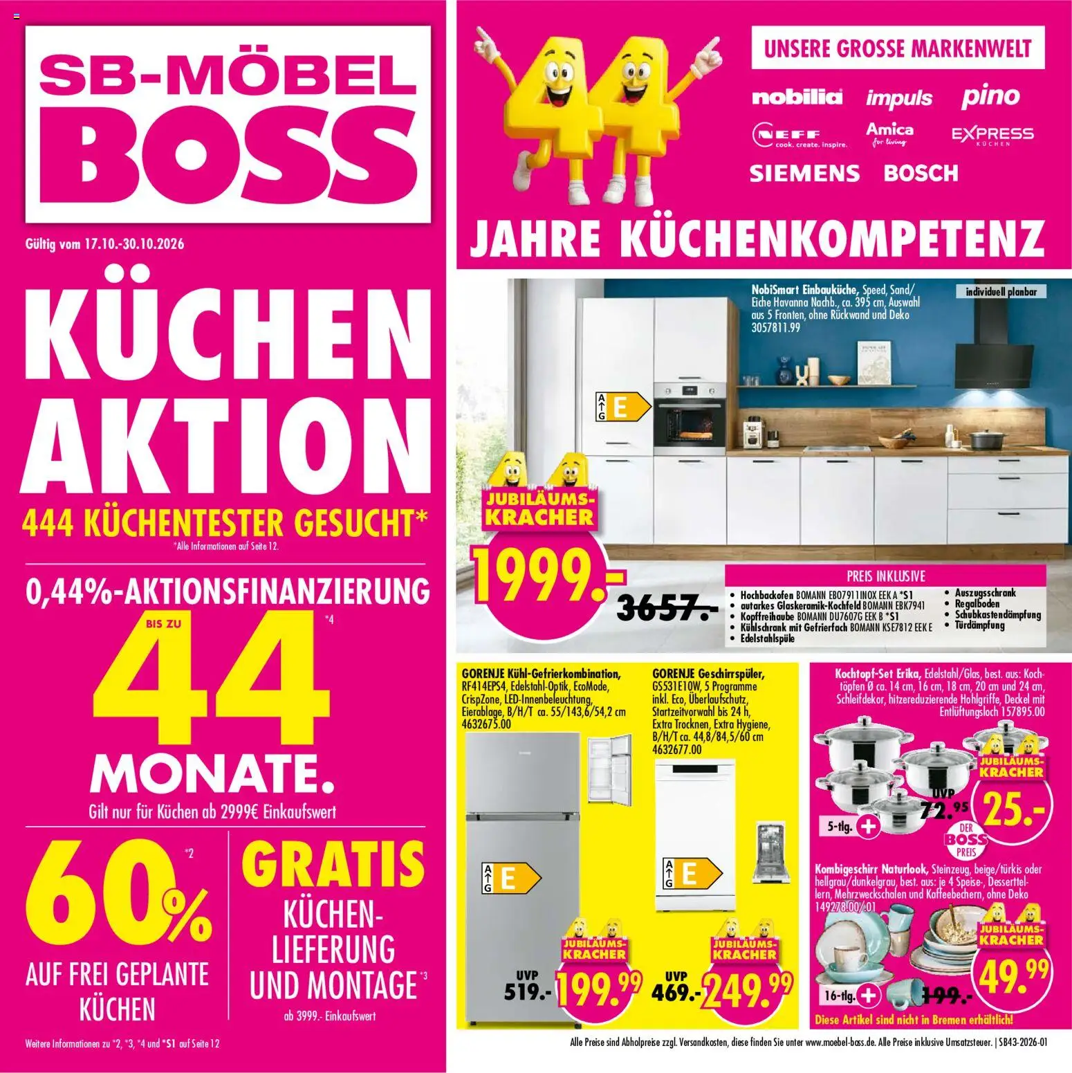 SB Möbel Boss Prospekt – gültig ab 17.10.2026 | Seite: 1 | Produkte: Bosch, Siemens, Neff, Havanna