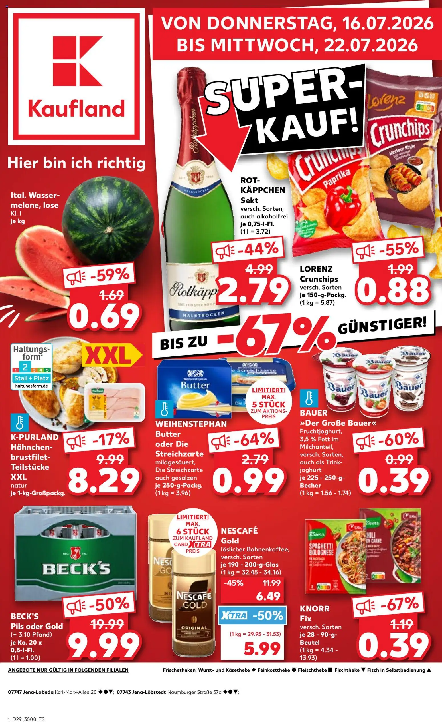 Kaufland Prospekt Jena – gültig ab 16.07.2026 | Seite: 1 | Produkte: Hahnchen, Sekt, Fisch, Wasser