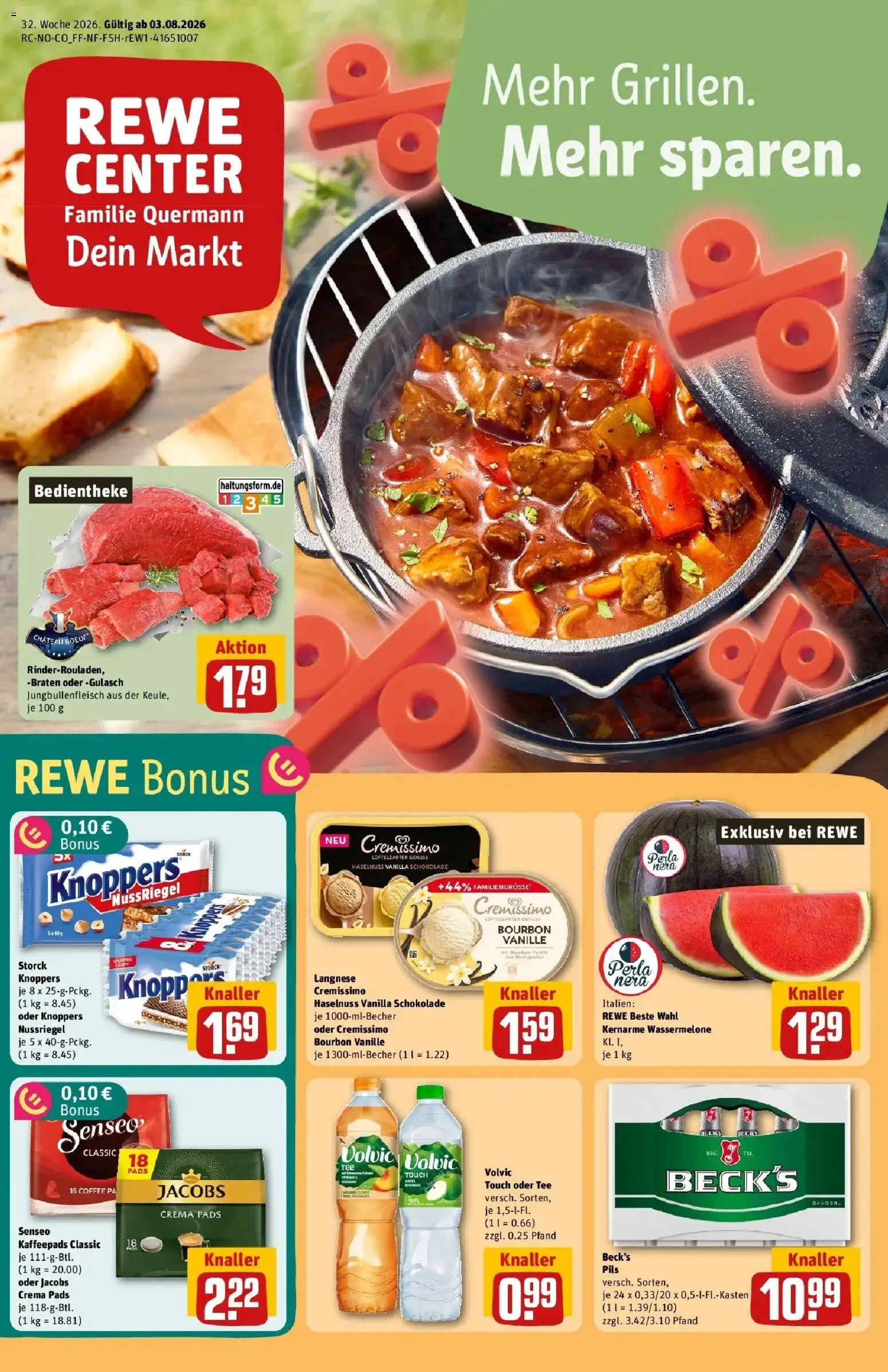 REWE Prospekt ab 03.08.2026 zum Blättern » Angebote | Seite: 1 | Produkte: Senseo, Schokolade, Bourbon, Volvic