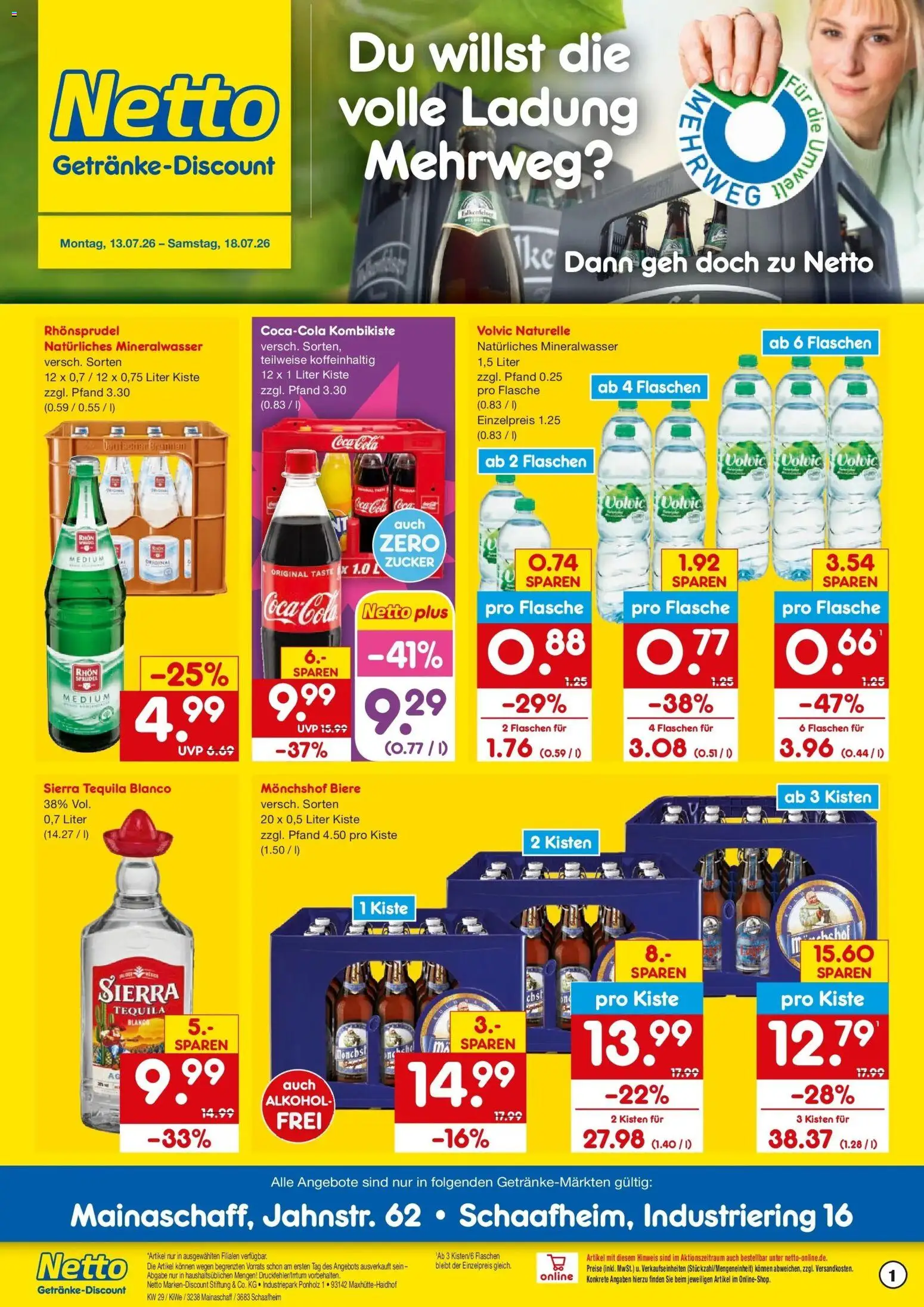 Netto Marken-Discount Prospekt Mainaschaff – gültig ab 13.07.2026 | Seite: 1 | Produkte: Coca cola, Tequila, Zucker, Volvic