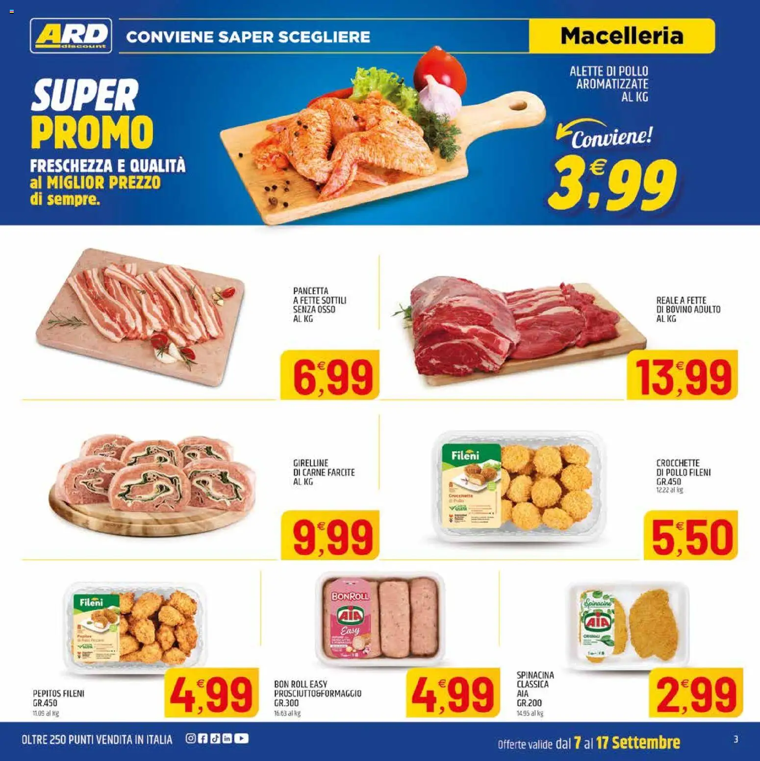 Volantino ARD Discount del 07/09/2026 | Pagina: 3 | Prodotti: Pollo, Pancetta, Crocchette, Carne