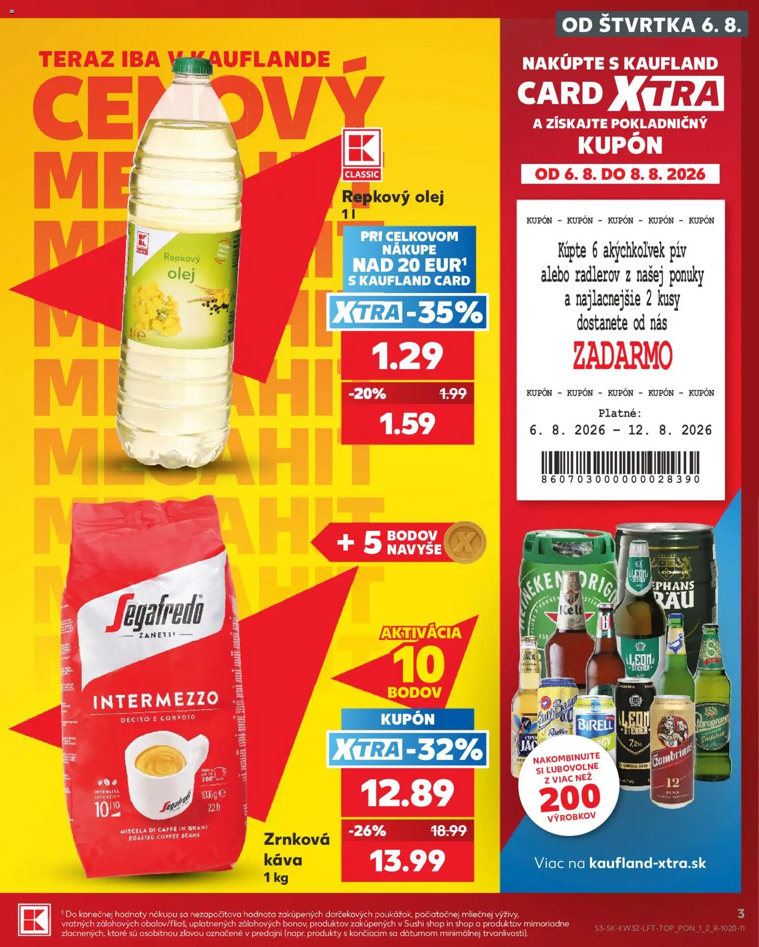 Nové Kaufland akcie – leták je platný od 06.08.2026 | Strana: 3 | Produkty: Olej, Birell, Sushi, Gambrinus