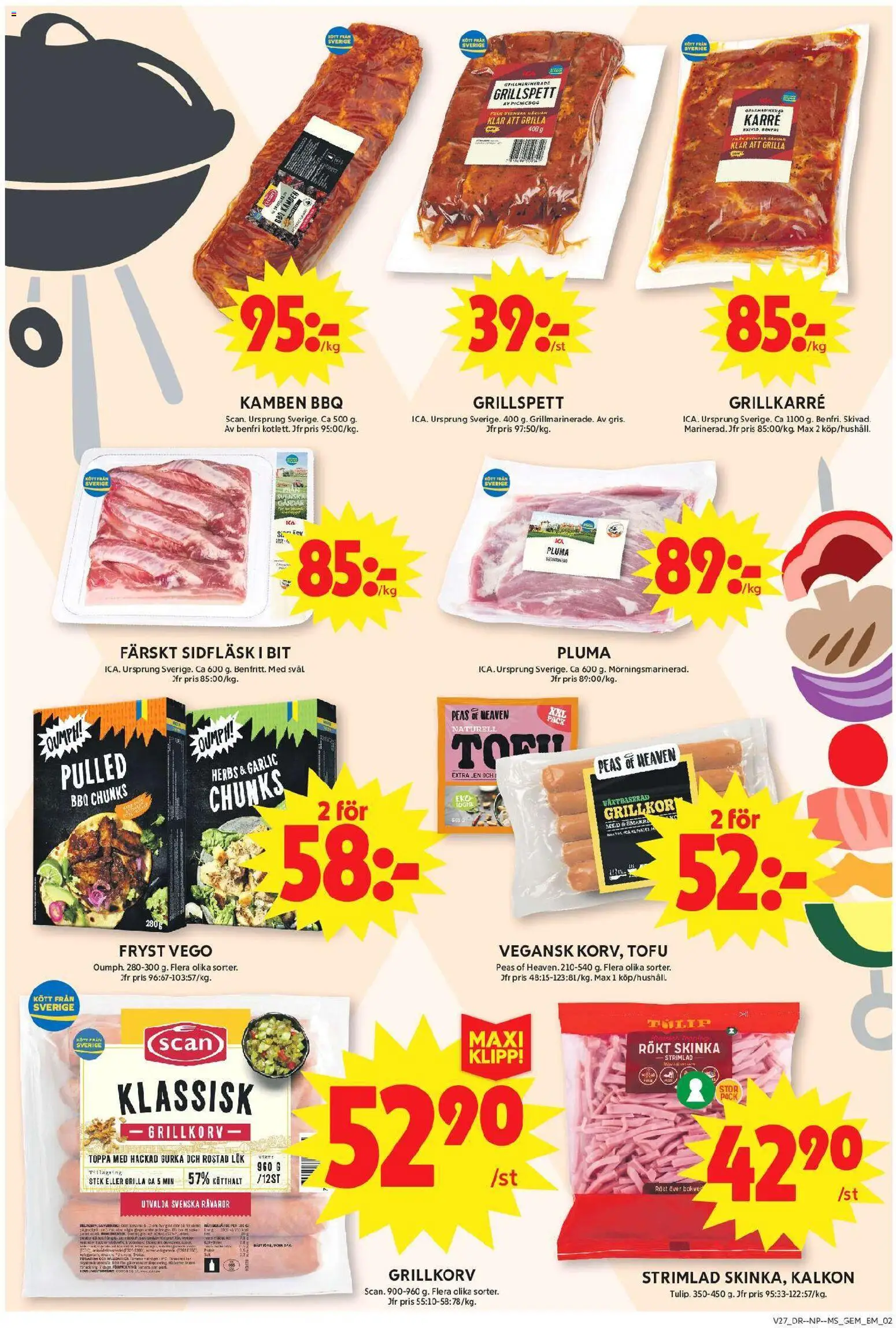 ICA Maxi reklamblad aktuell från 29/06/2026 | Sida: 2 | Produkter: Grillspett, Grillkorv, Skinka, Gurka