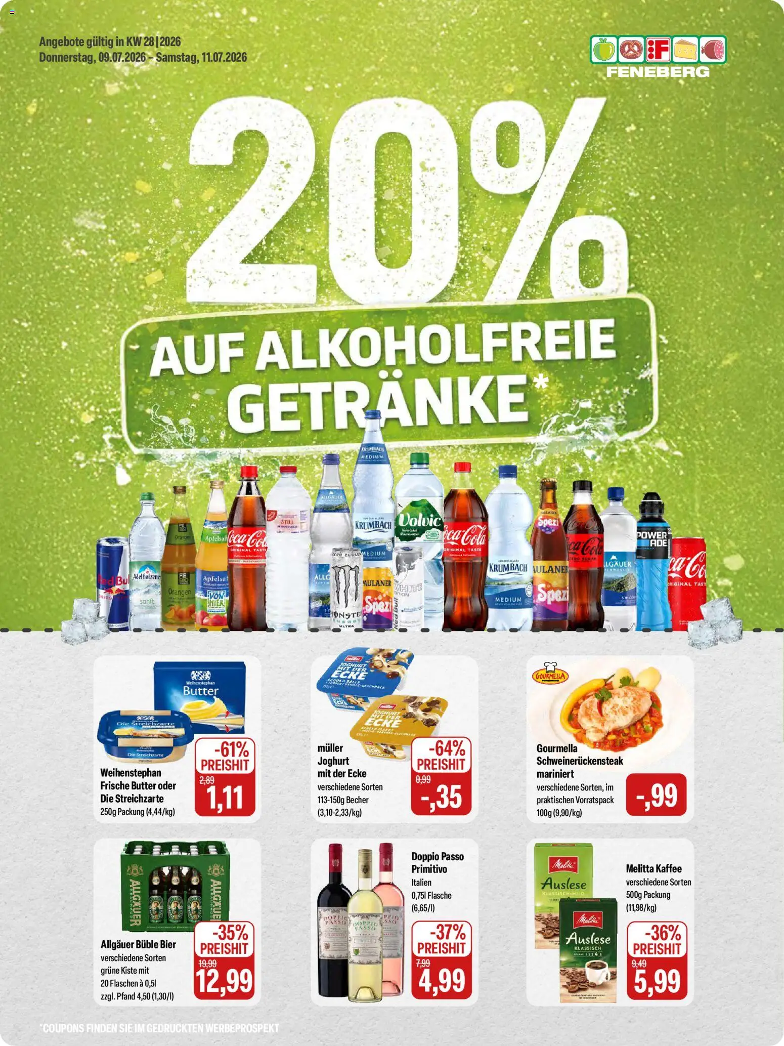 Feneberg Angebote – gültig ab 09.07.2026 | Seite: 1 | Produkte: Melitta kaffee, Kaffee, Doppio passo primitivo, Weihenstephan butter