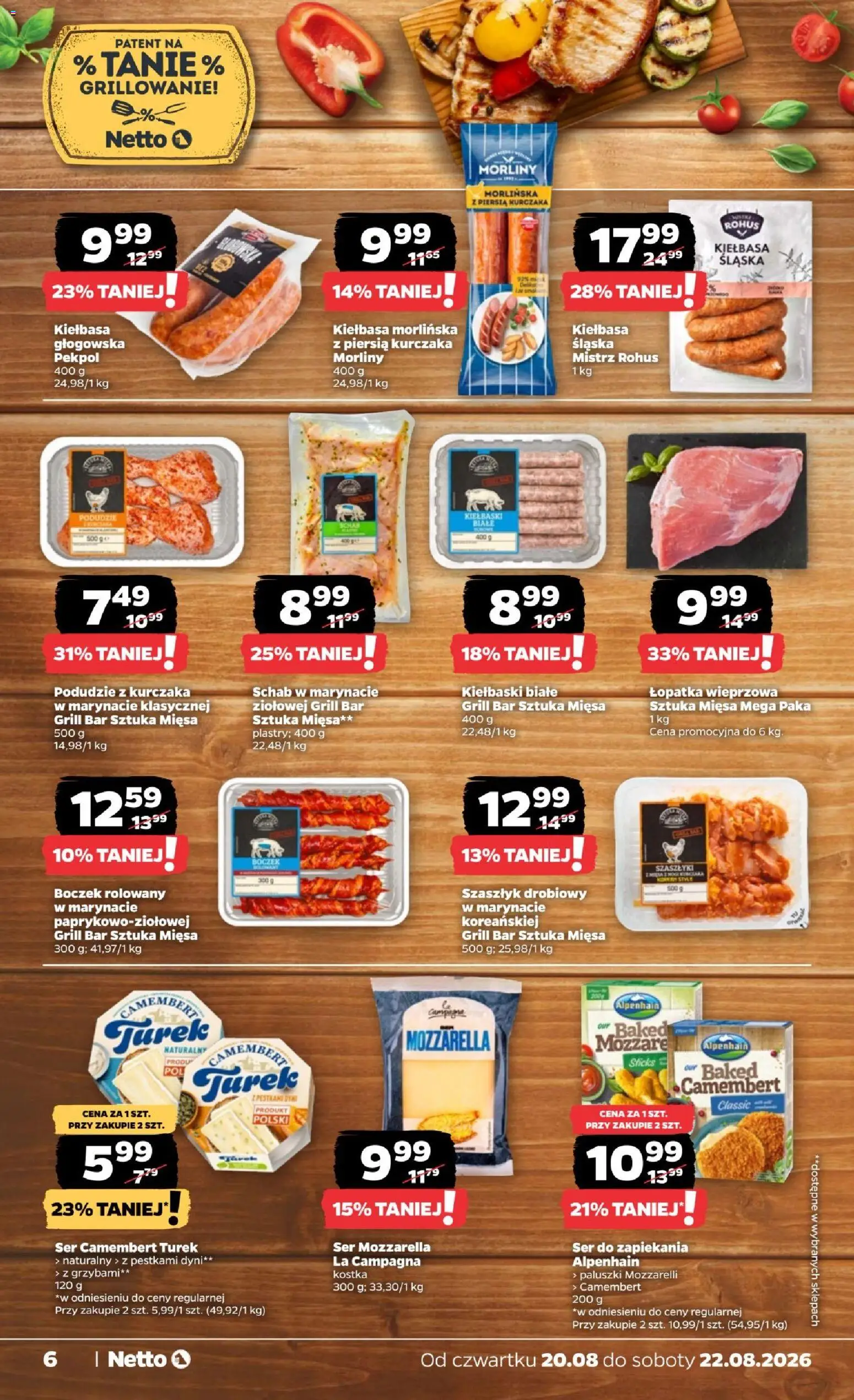 Netto gazetka od czwartku od 20.08.2026 | Strona: 6 | Produkty: Kiełbasa śląska, Łopatka wieprzowa, Ser, Mozzarella