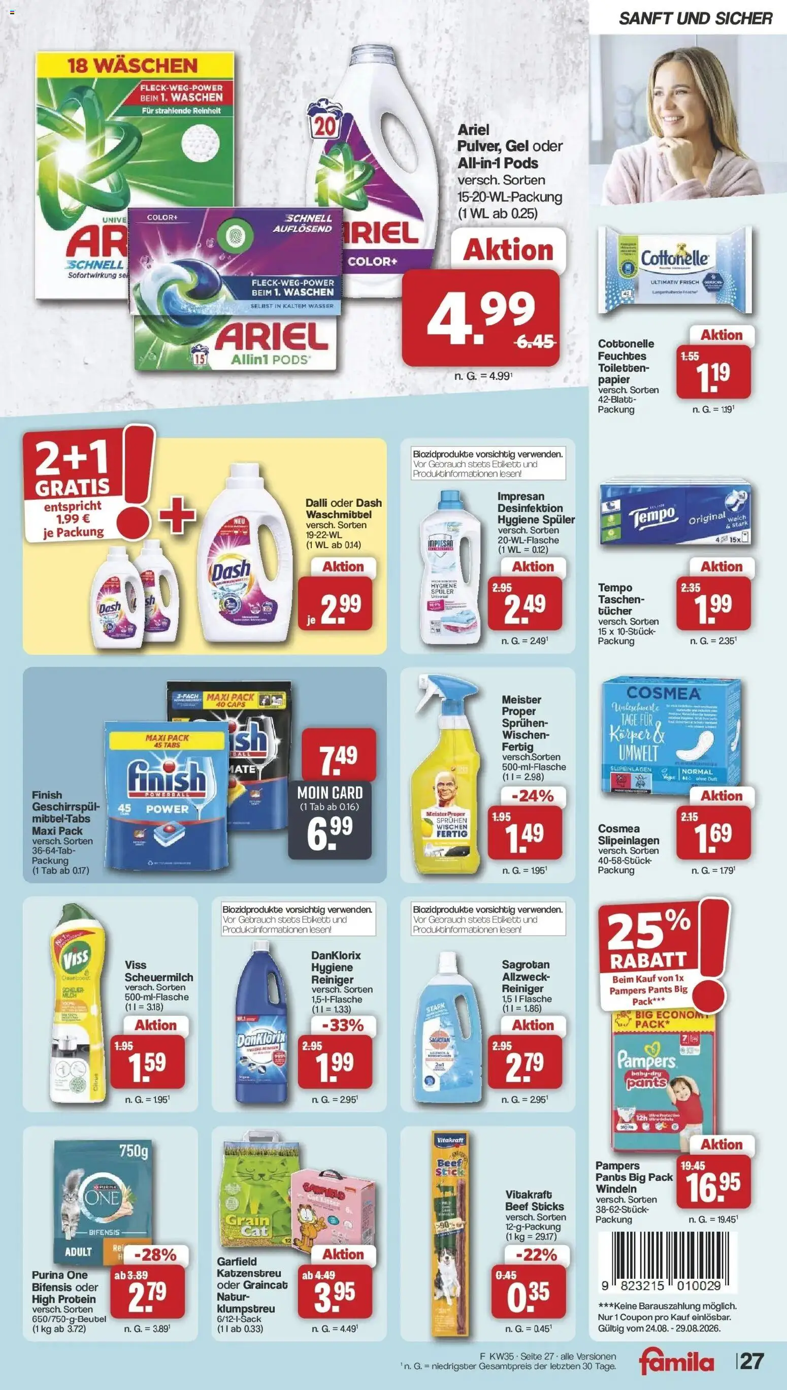 Famila Nordwest Wochenangebote (ab 24.08.2026) zum Blättern | Seite: 31 | Produkte: Ariel, Taschen, Wasser, Tempo