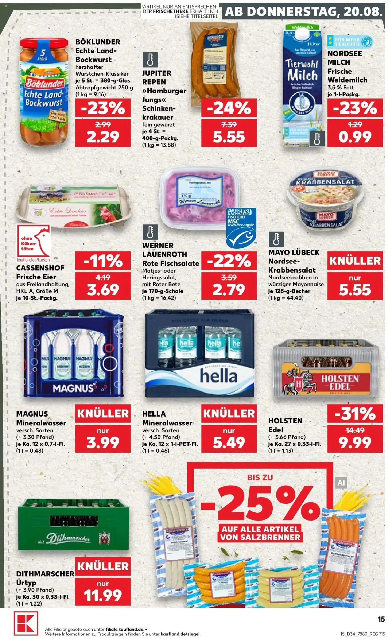 Prospekt Kaufland ab 20.08.2026 » Angebote Online zum Blättern | Seite: 15 | Produkte: Bockwurst, Mineralwasser, Hella, Schinken