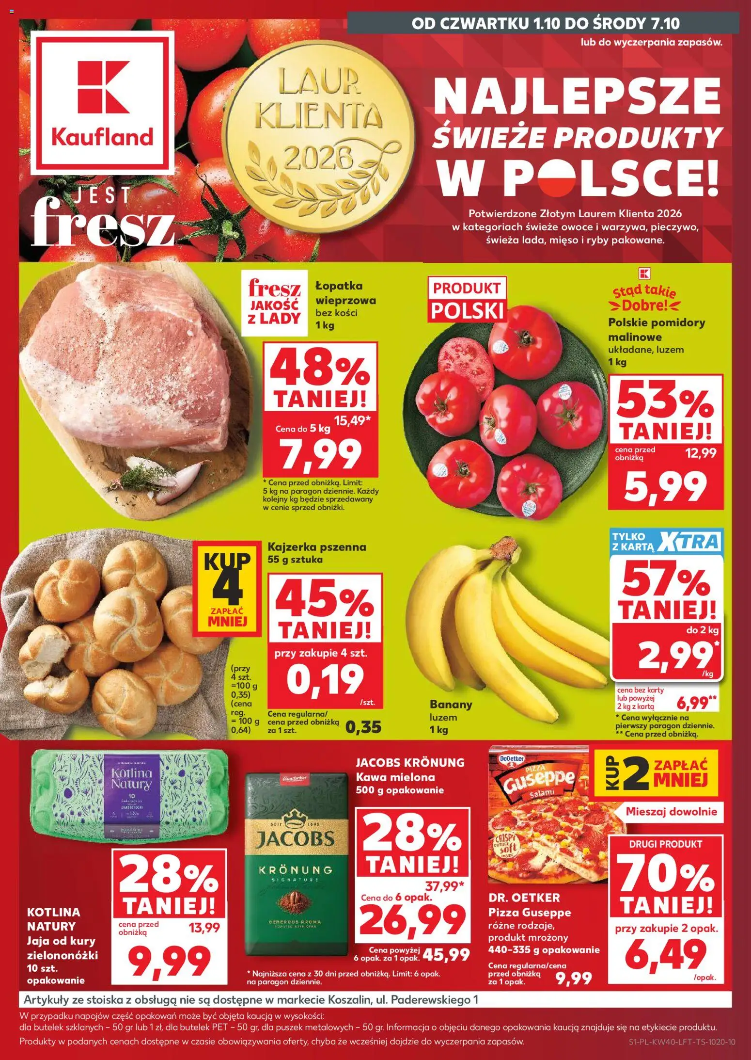 Kaufland Polsko leták od 01.10.2026 | Strana: 1 | Produkty: Pizza, Banány, Jacobs, Karty