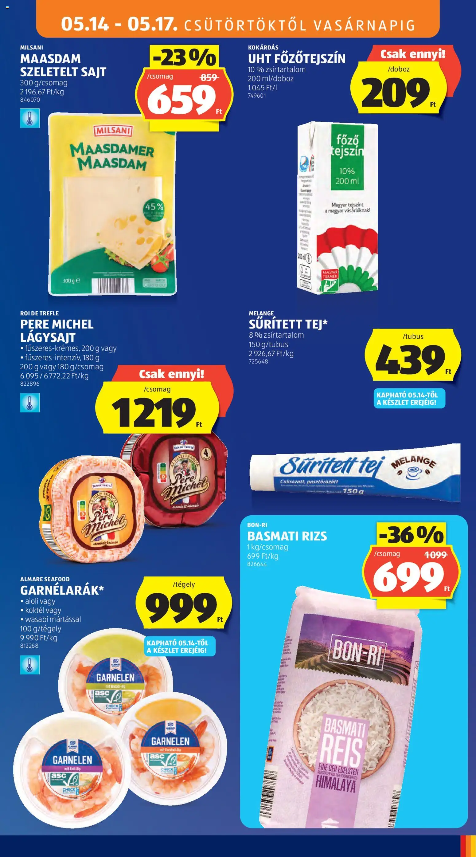 Aldi akciós ujság - amely érvényes a következő dátumtól: 14.05.2026 | Oldal: 13 | Termékek: Sűrített tej, Tej, Sajt, Tejszín