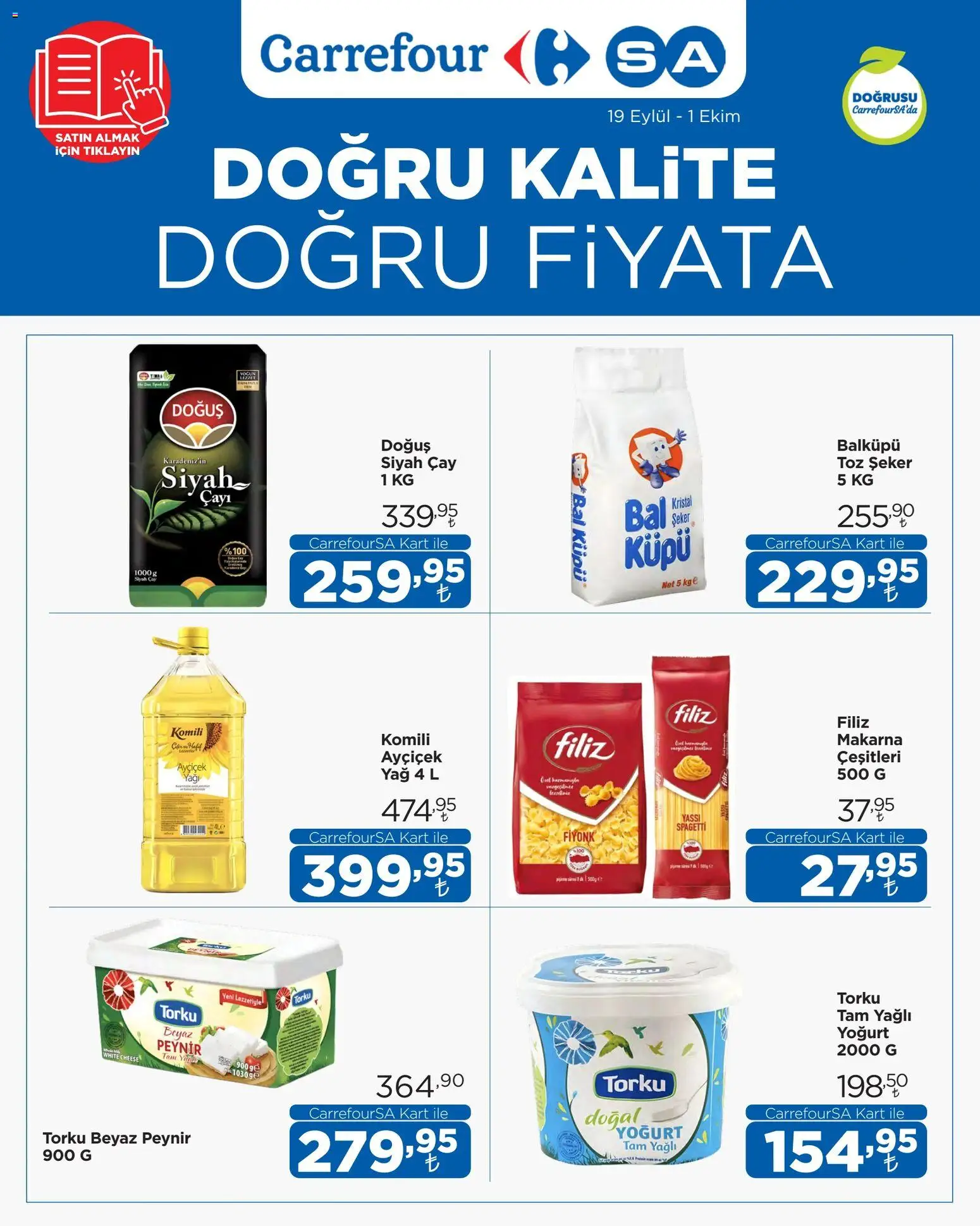 CarrefourSA Katalog - 19 Eylül 2026 tarihinden itibaren geçerlidir | Sayfa: 1 | Ürünler: Yoğurt, Yağ, Makarna, Toz şeker