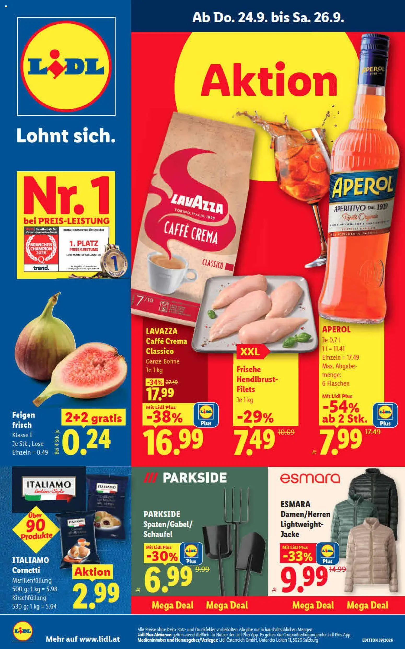 Lidl - Flugblatt gültig ab 24.09.2026 | Seite: 1 | Produkte: Jacke, Aperol, Monitor, Bohne