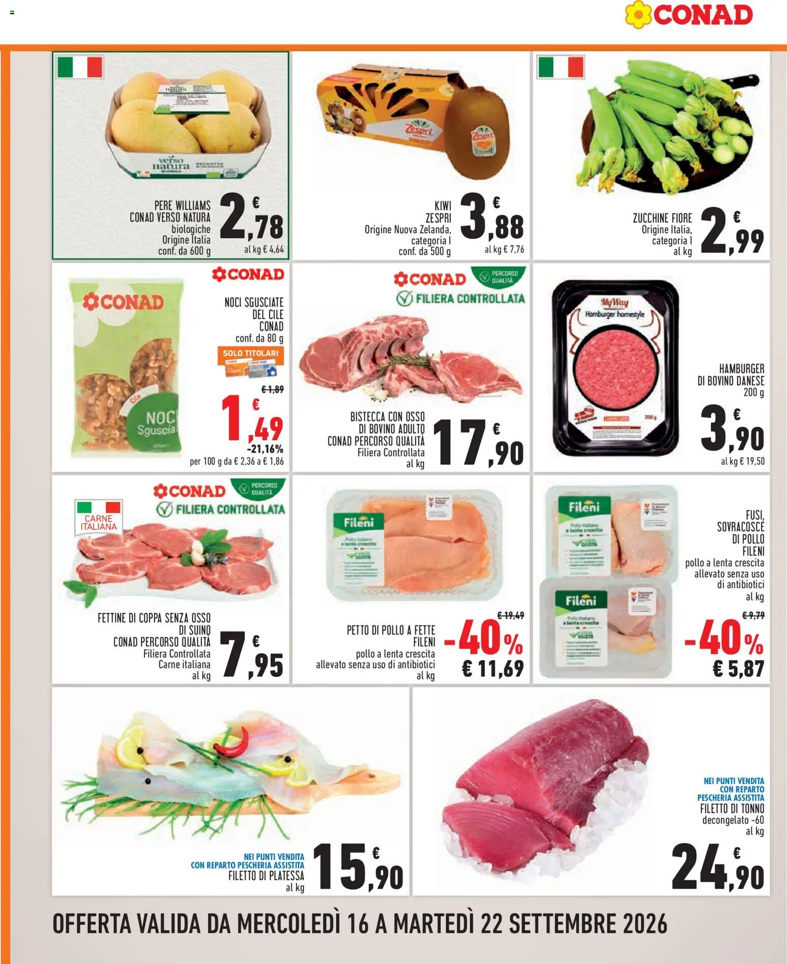 Volantino Conad del 16/09/2026 | Pagina: 2 | Prodotti: Bovino, Pollo, Hamburger, Bistecca