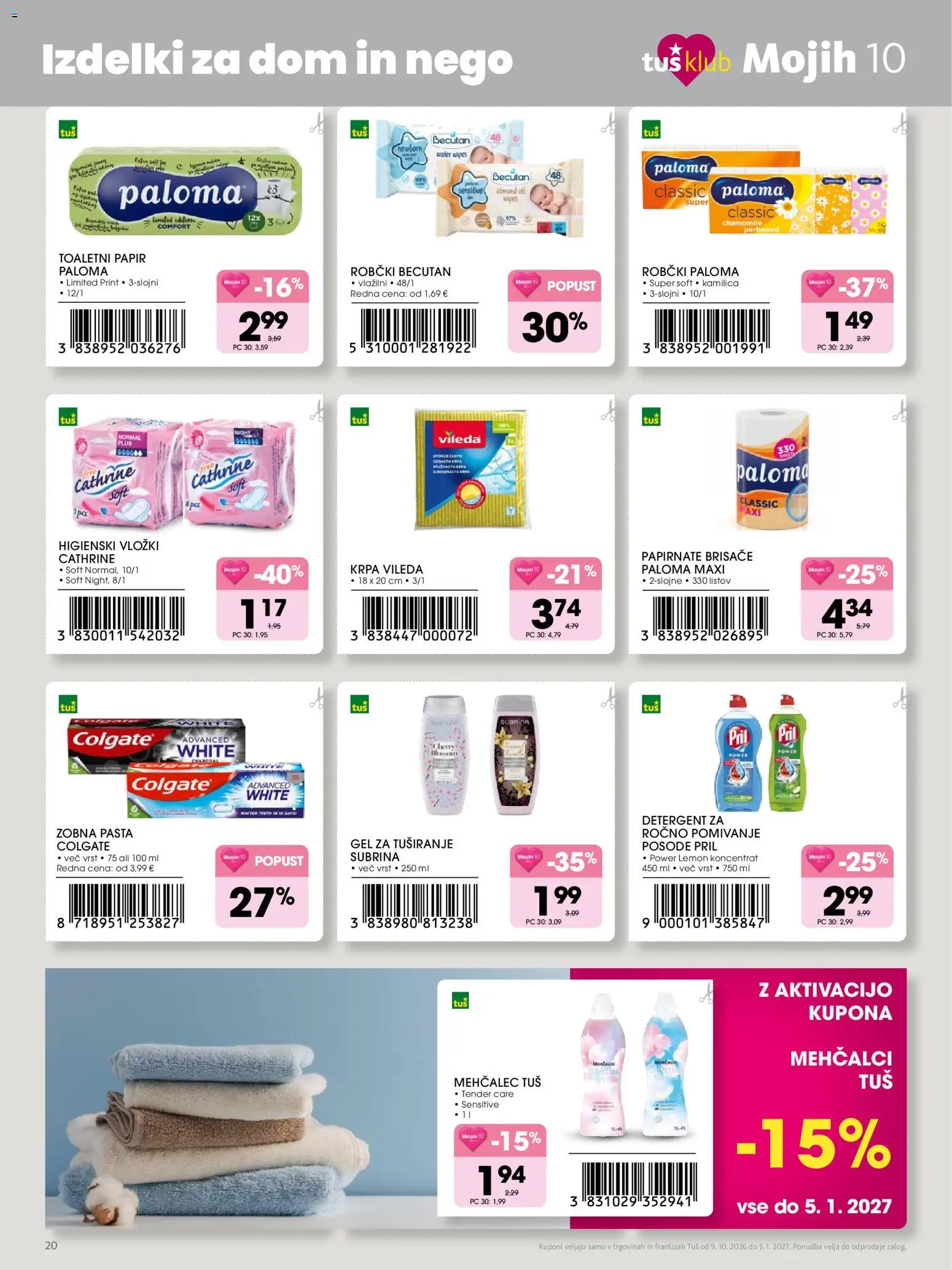 Novi Tuš katalog ponudbe – veljaven od 09.10.2026 | Stran: 20 | Izdelki: Mehčalec, Vložki, Gel za tusiranje, Zobna pasta