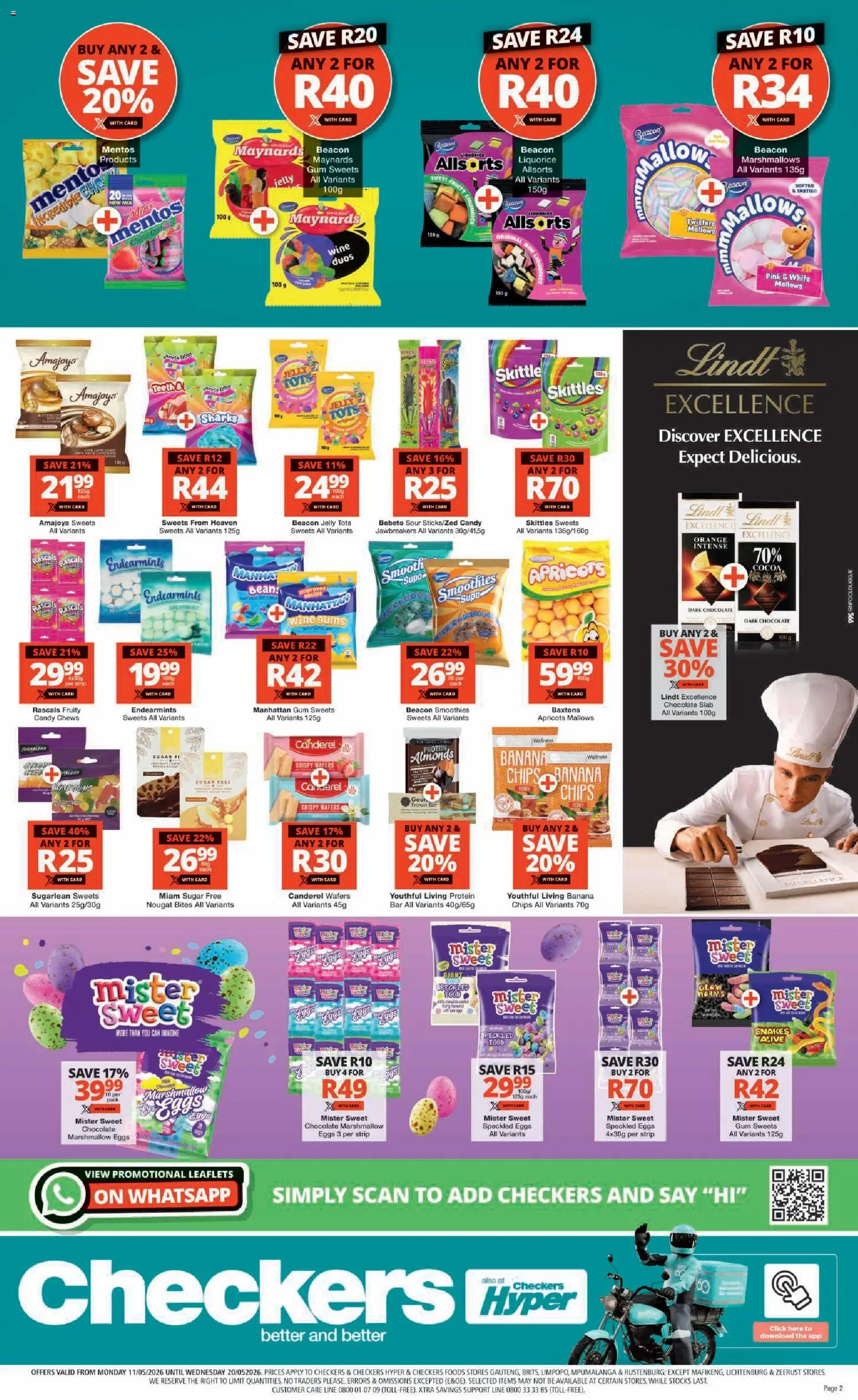 New Checkers catalogue – valid from 11.05.2026 | Page: 2 | Products: Detergente líquido, Chocolate, Chips, Sugar