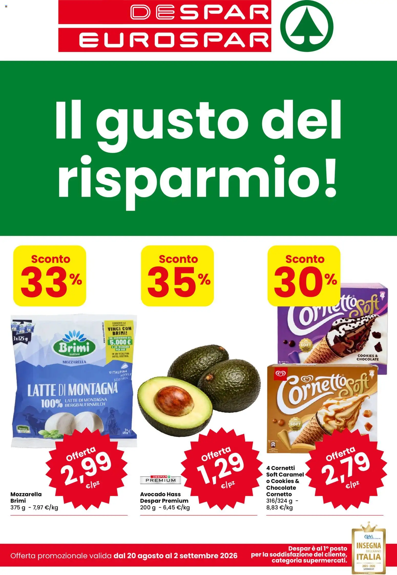 Volantino Eurospar del 20/08/2026 | Pagina: 1 | Prodotti: Cornetto, Avocado, Mozzarella, Latte