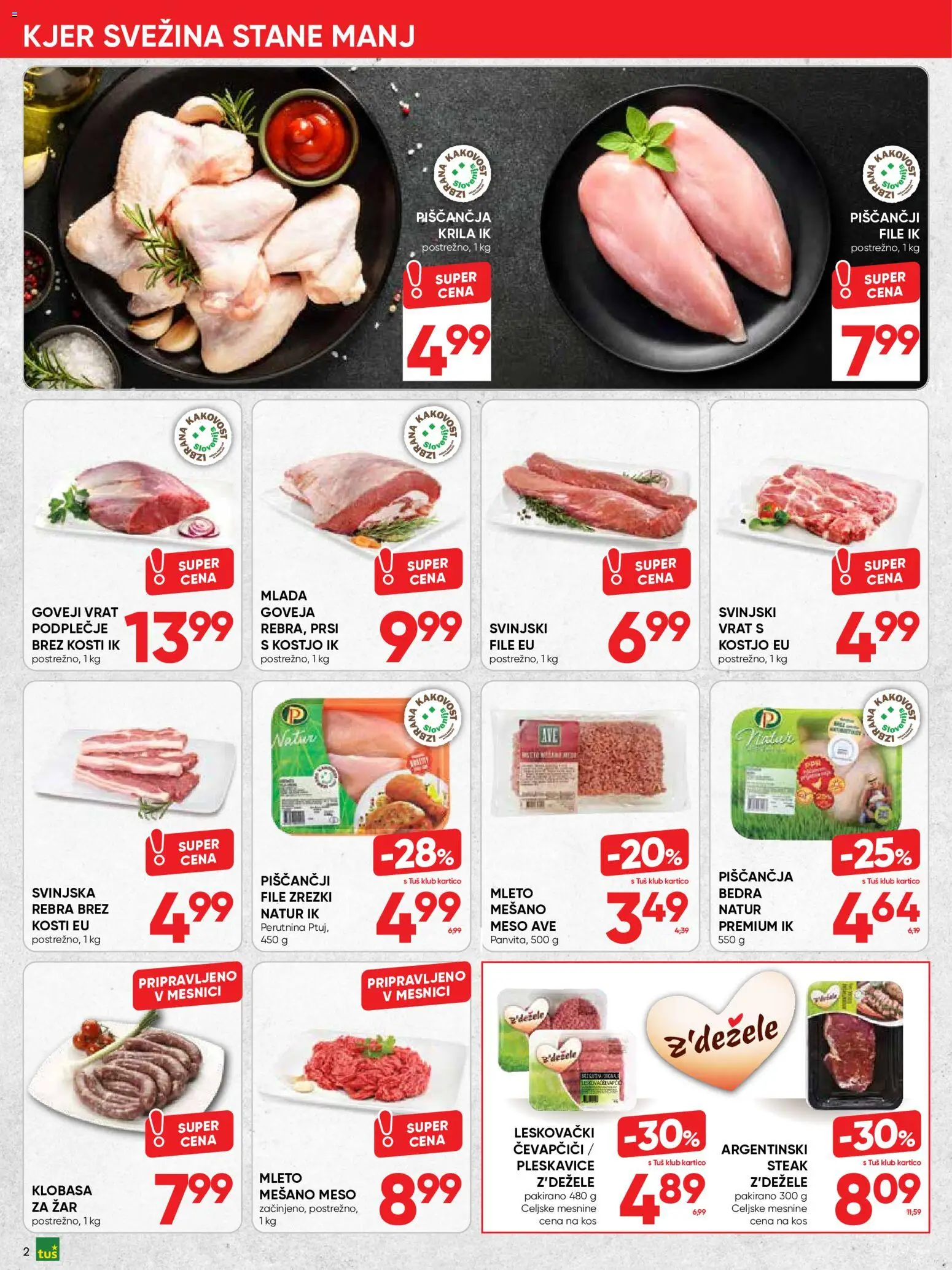 Novi Tuš katalog ponudbe – veljaven od 23.09.2026 | Stran: 2 | Izdelki: Piščančja krila, Pleskavice, Kos, Zrezki