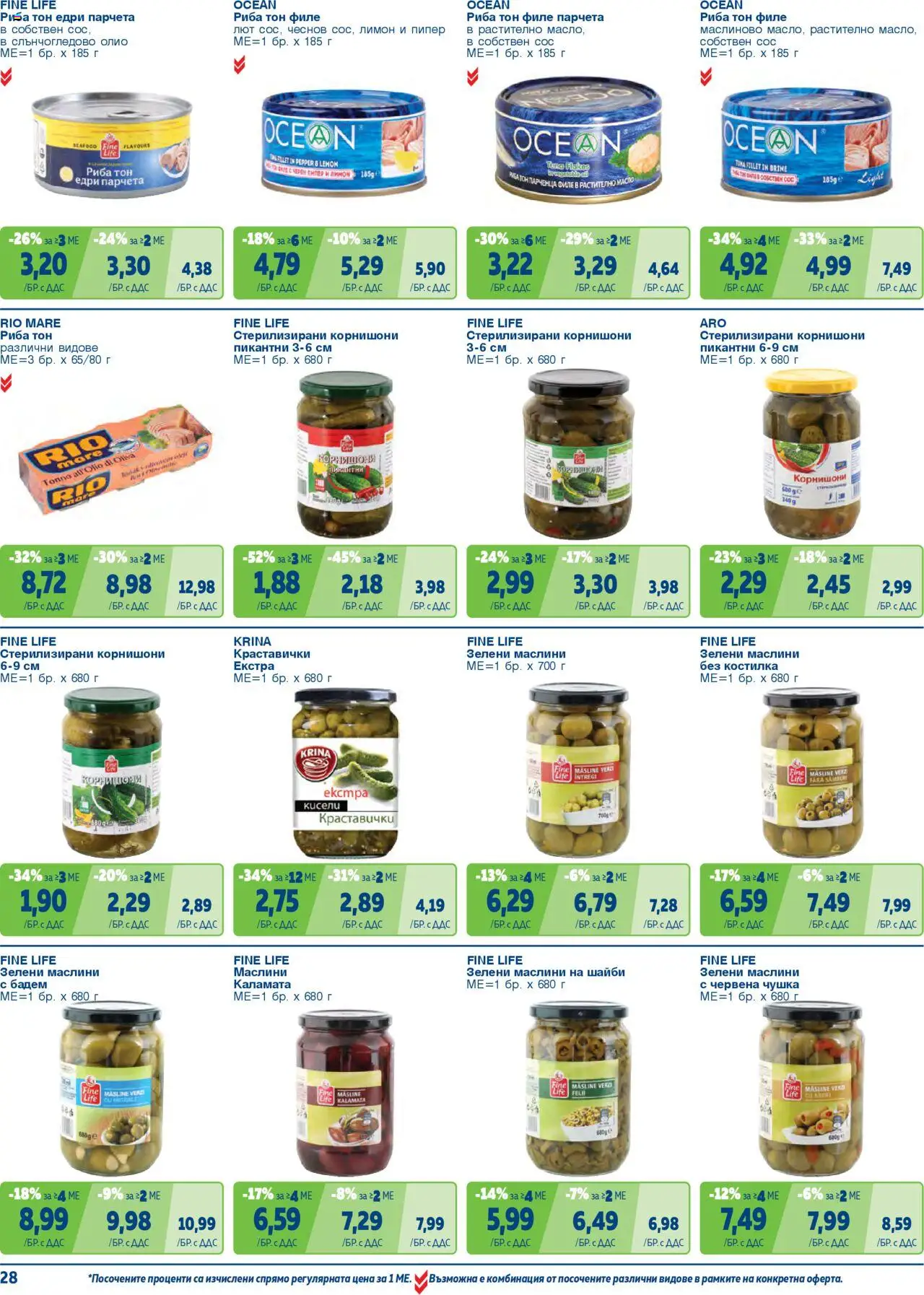 {H1} | Страница: 28 | Продукти: Филе, Корнишони, Риба тон, Маслини