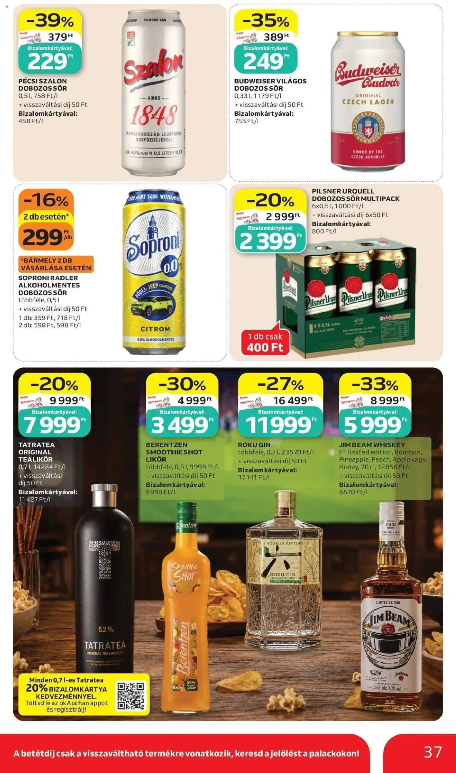 Auchan akciós ujság - amely érvényes a következő dátumtól: 2026.07.02. | Oldal: 37 | Termékek: Radler, Pilsner urquell, Budweiser, Likőr