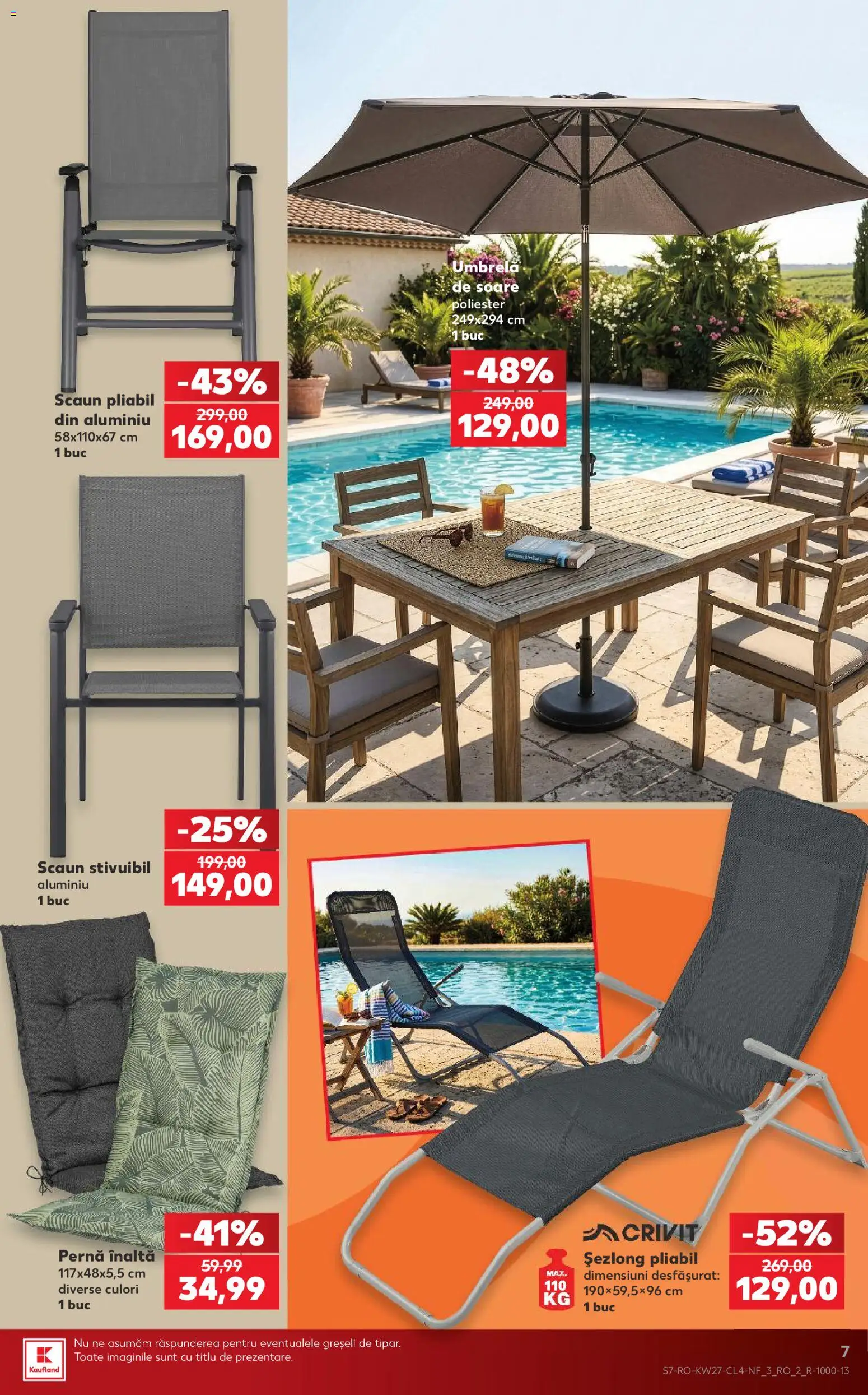 Noul catalog Kaufland – valabil de la 01.07.2026 | Pagină: 7 | Produse: Umbrelă, Pernă, Șezlong, Scaun