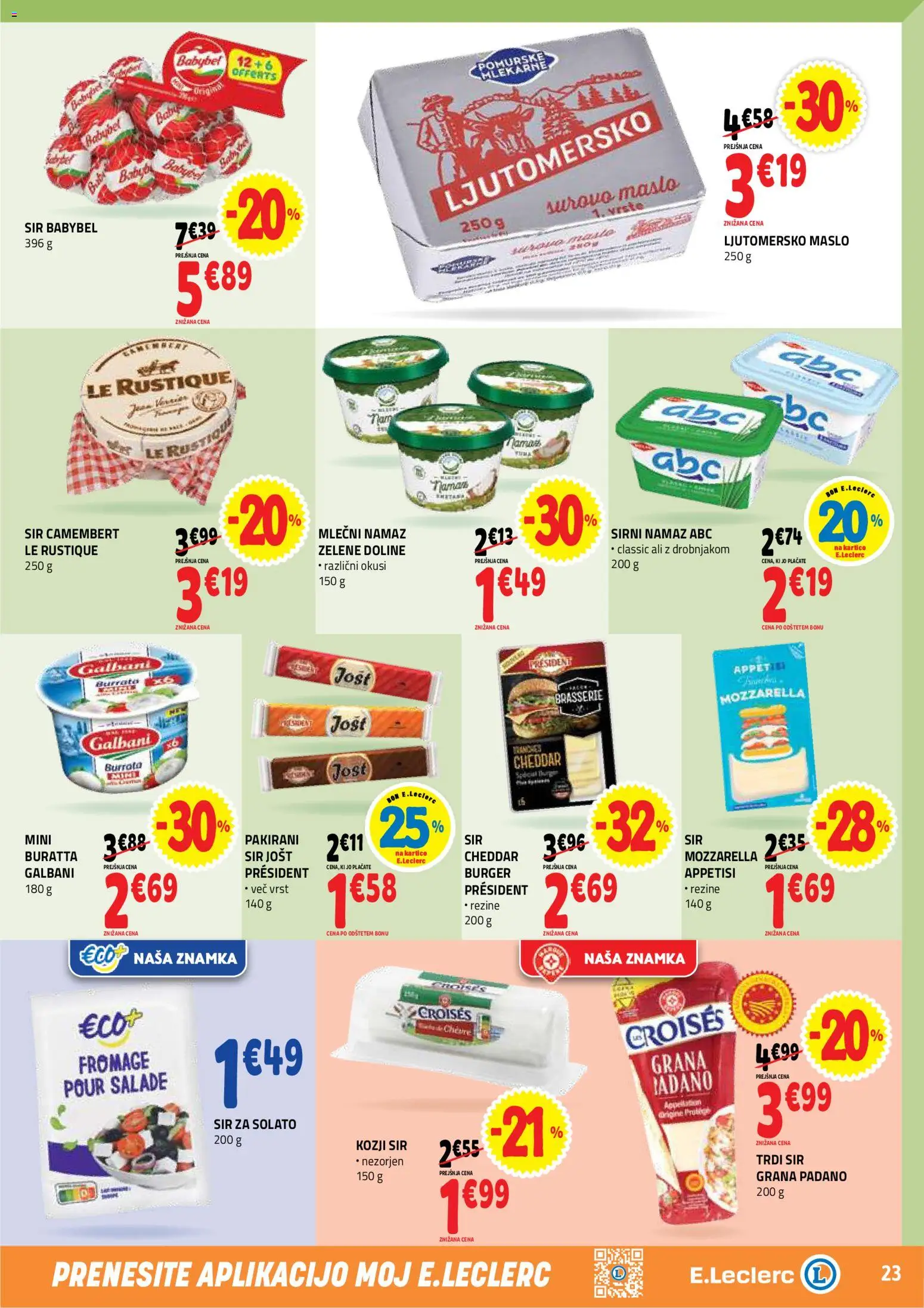 Novi E.leclerc katalog ponudbe – veljaven od 12.08.2026 | Stran: 23 | Izdelki: Trdi sir, Mozzarella, Maslo, Sir