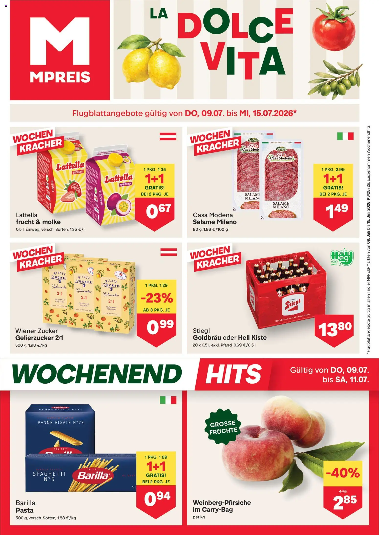MPREIS Flugblatt gültig ab 09.07.2026 | Seite: 1 | Produkte: Pasta, Zucker, Hajdina liszt
