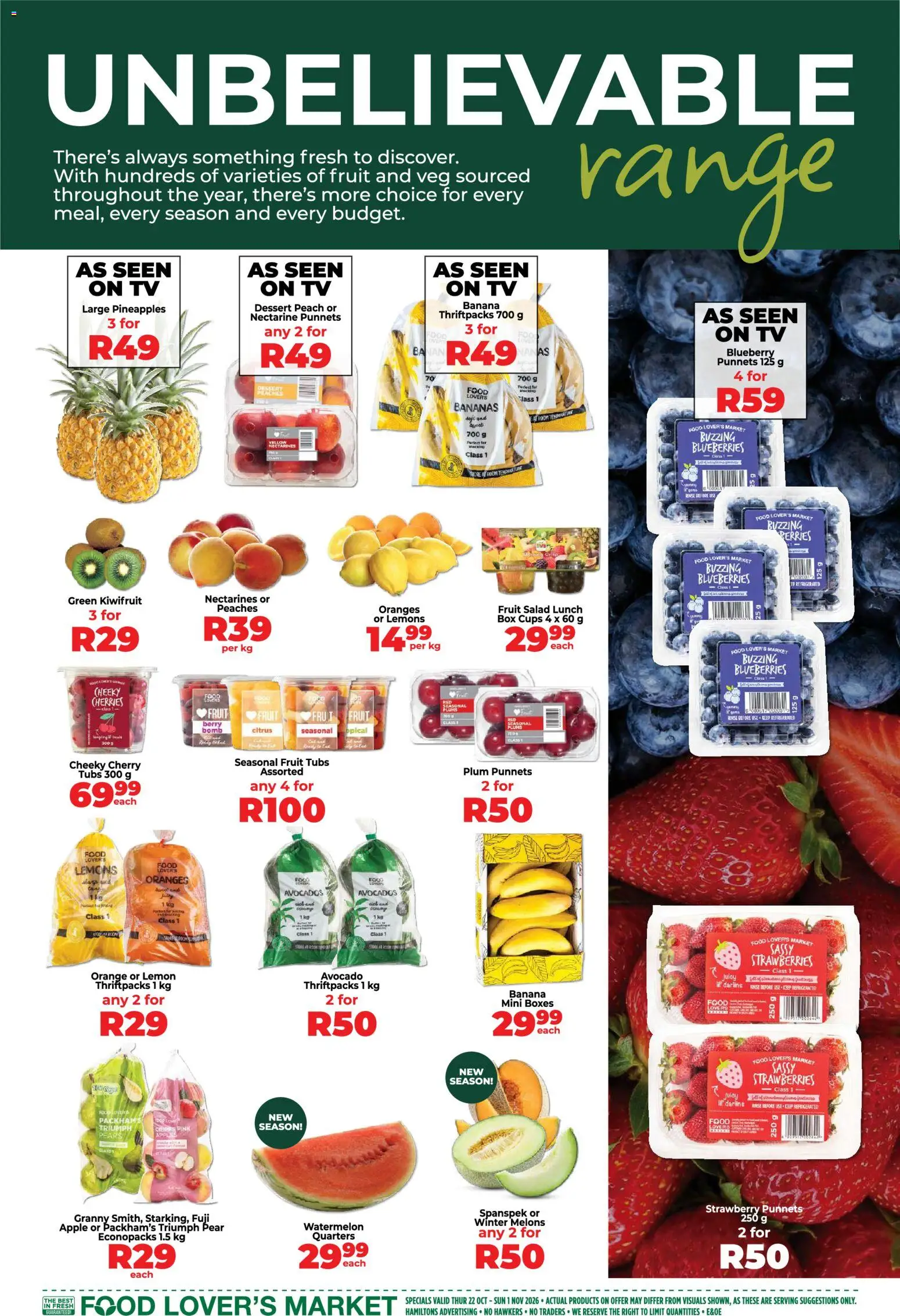 New Food Lover's Market catalogue – valid from 22/10/2026 | Page: 3 | Products: TV, Oranges, Strawberries, Salad
