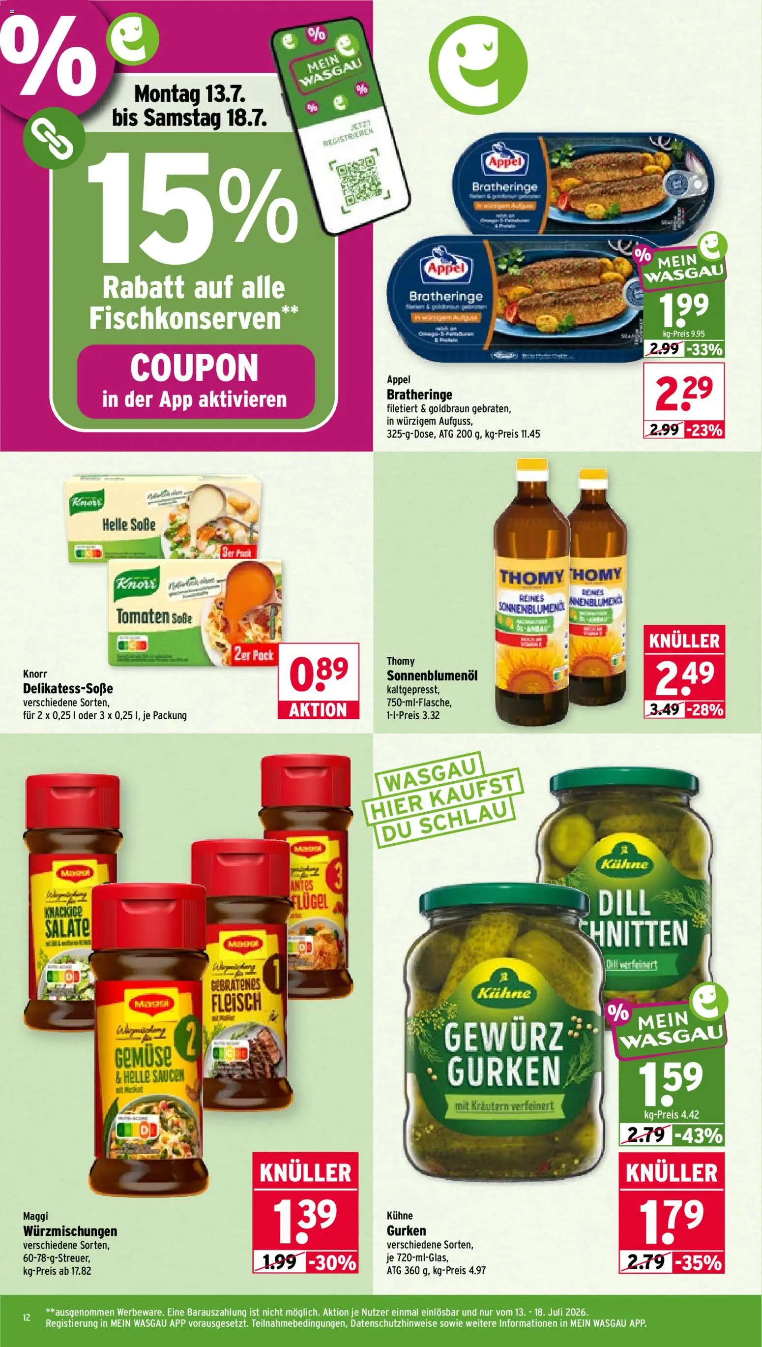 Wasgau Prospekt – gültig ab 13.07.2026 | Seite: 12 | Produkte: Maggi, Tomaten, Fleisch, Gurken
