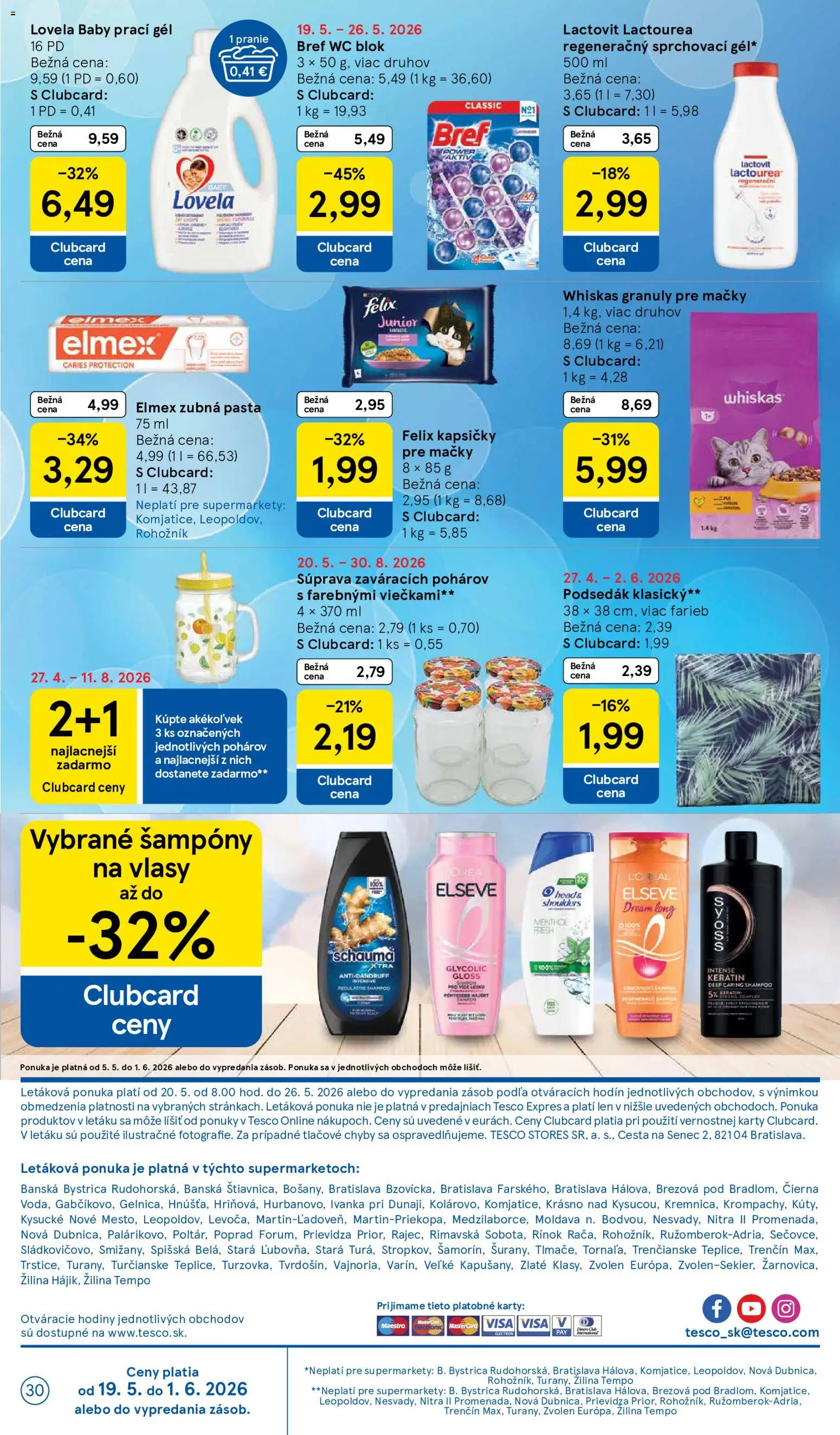 Nové Tesco akcie – leták je platný od 20.05.2026 | Strana: 30 | Produkty: Hodiny, Wc, Zubná pasta, Whiskas