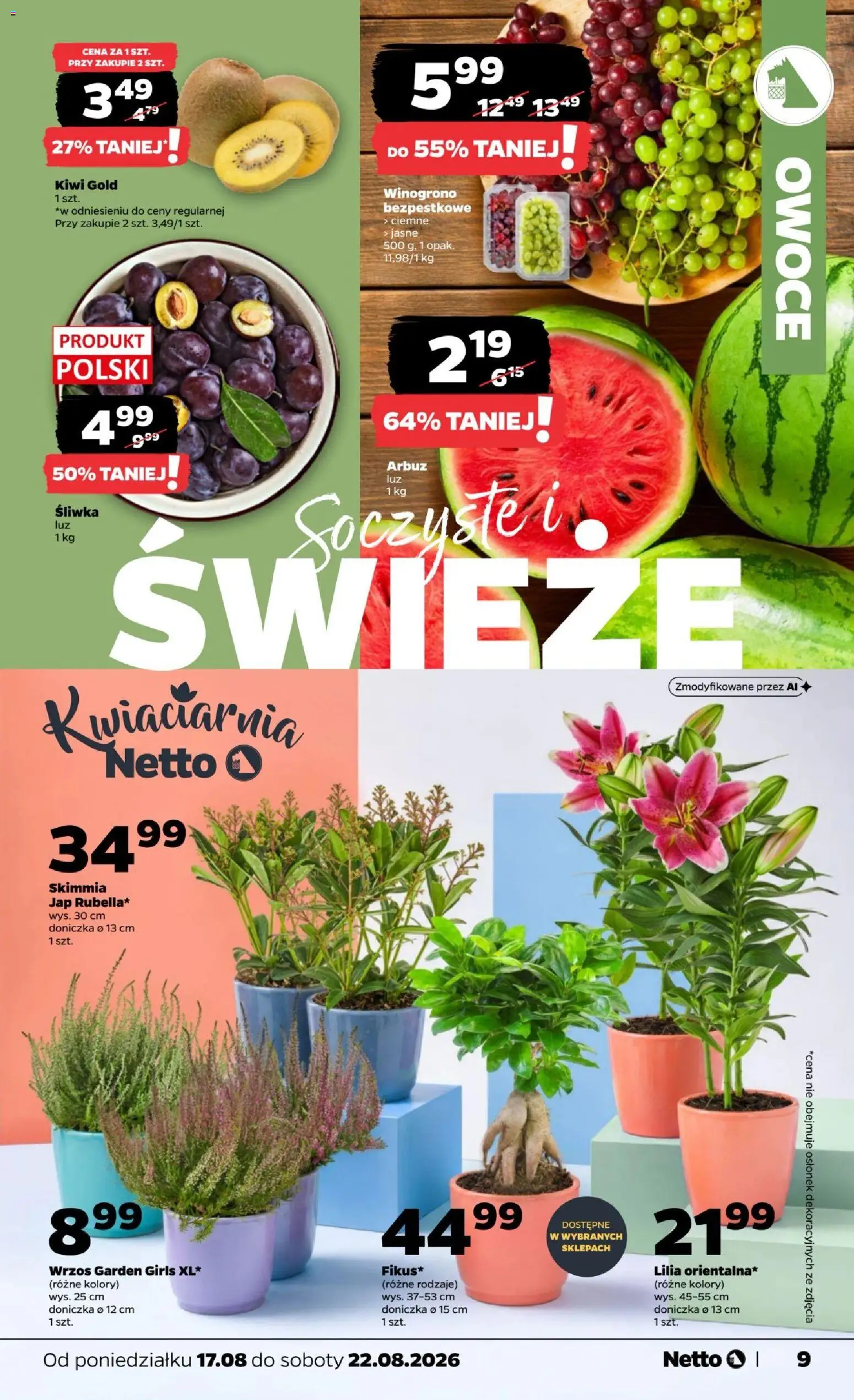 Netto gazetka od poniedziałku od 17.08.2026 | Strona: 9 | Produkty: Winogrono, Doniczka, Kiwi, Owoce