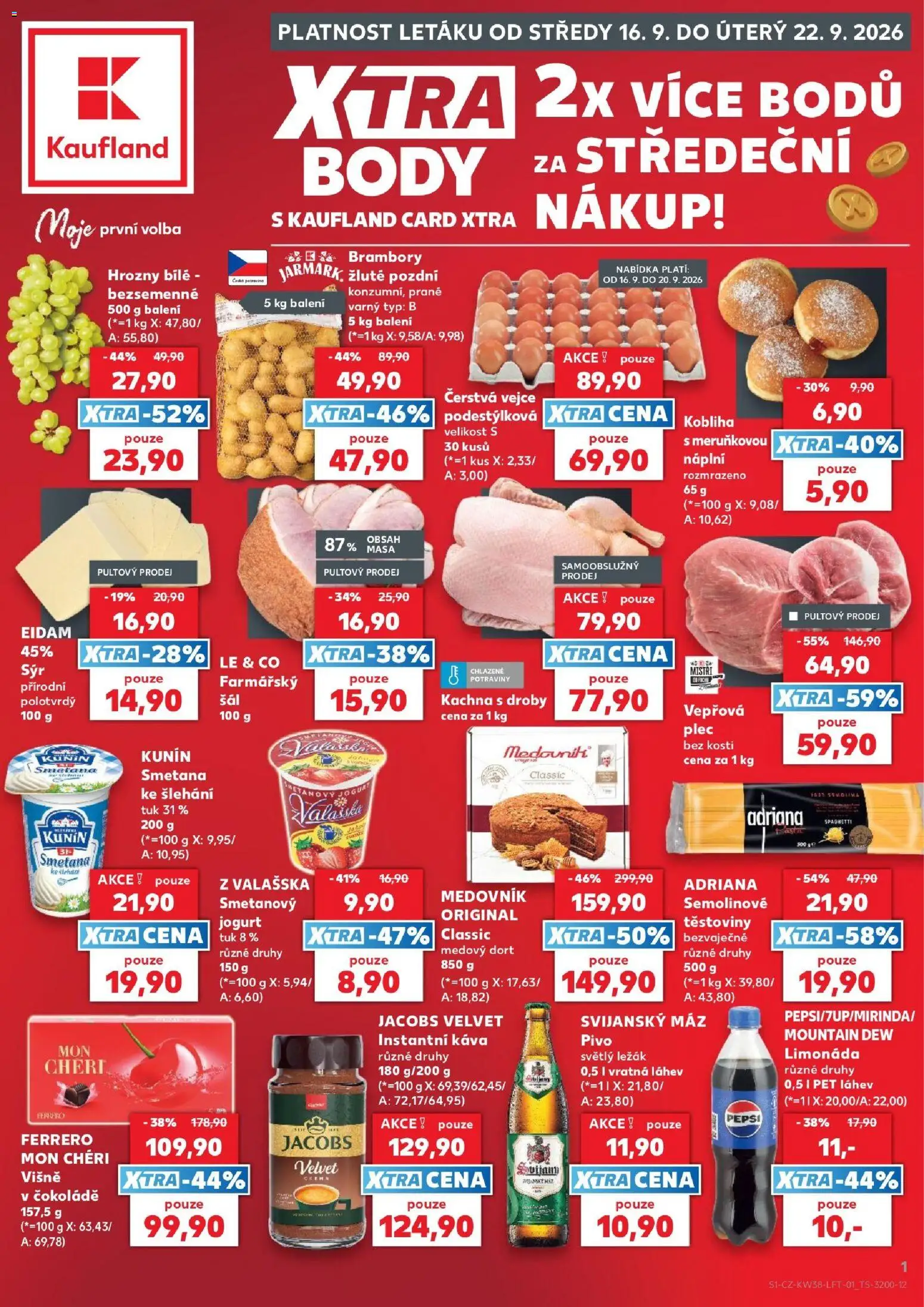 Kaufland leták - Brno od 16.09.2026 | Strana: 1 | Produkty: Káva, Medovník, Hrozny, Dort
