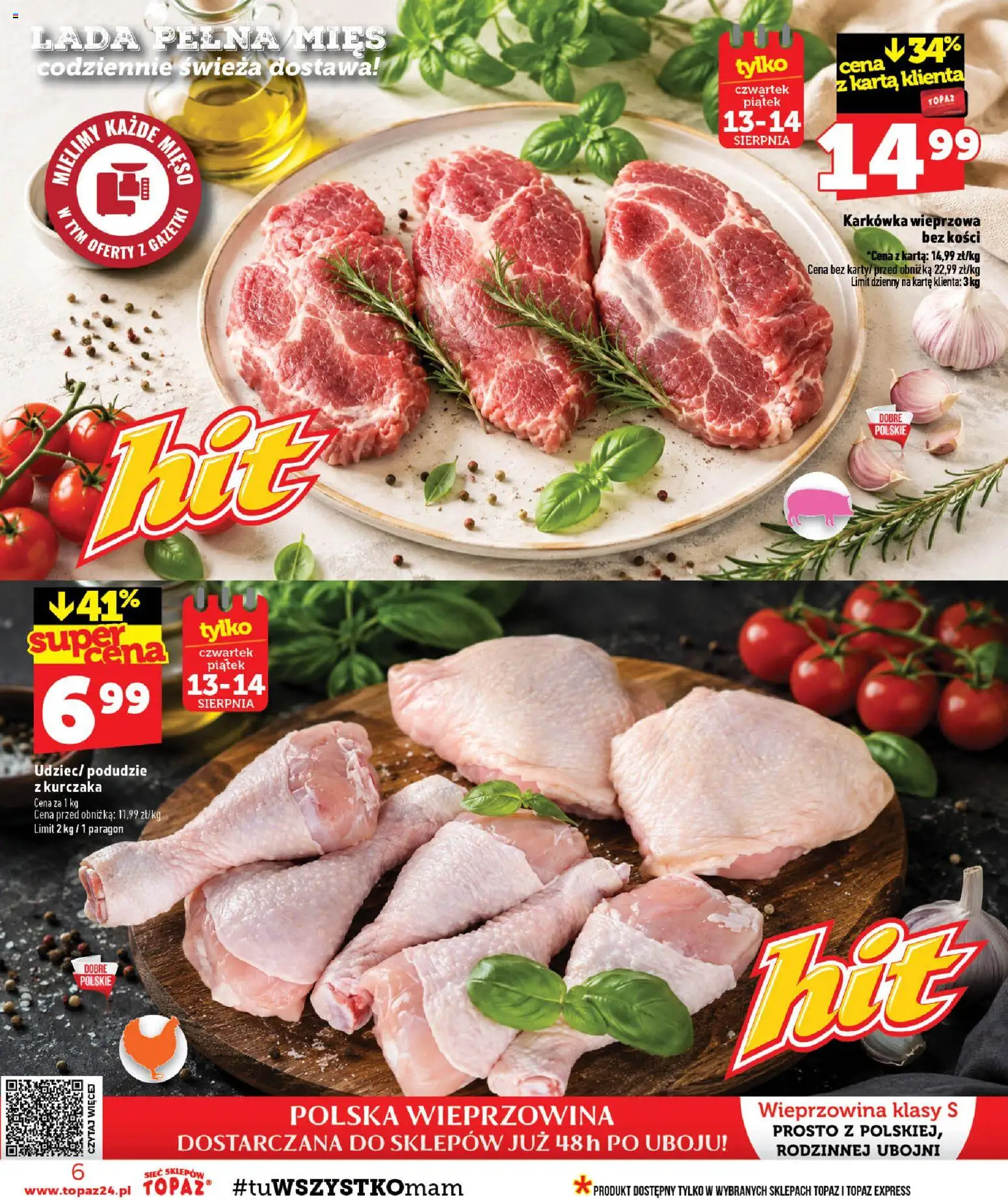 Topaz gazetka od 13.08.2026 | Strona: 6 | Produkty: Karta, Karkówka, Mięso, Podudzie z kurczaka