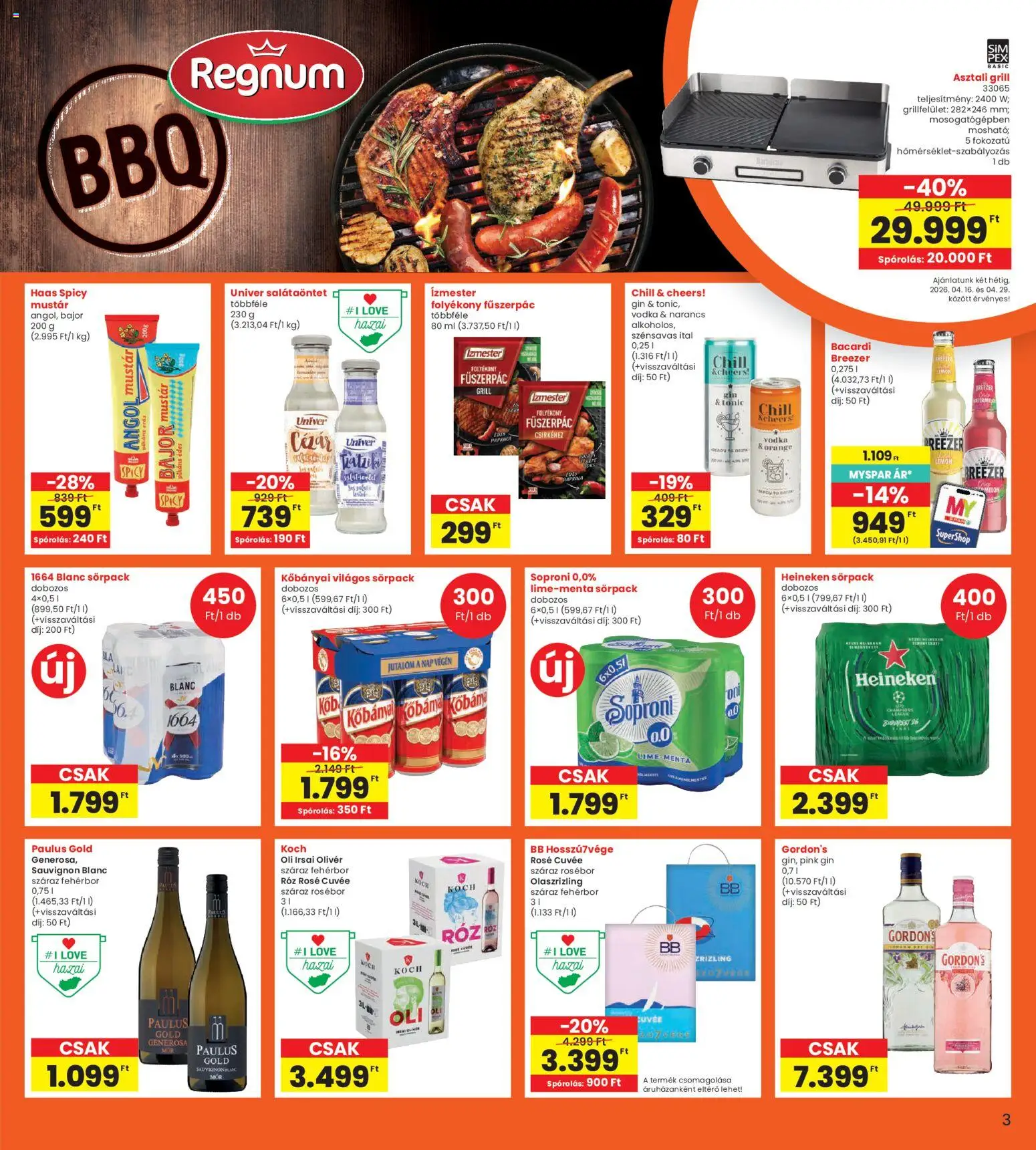 Interspar akciós ujság - amely érvényes a következő dátumtól: 16.04.2026 | Oldal: 3 | Termékek: Grill, Fehérbor, Gin, Mustár
