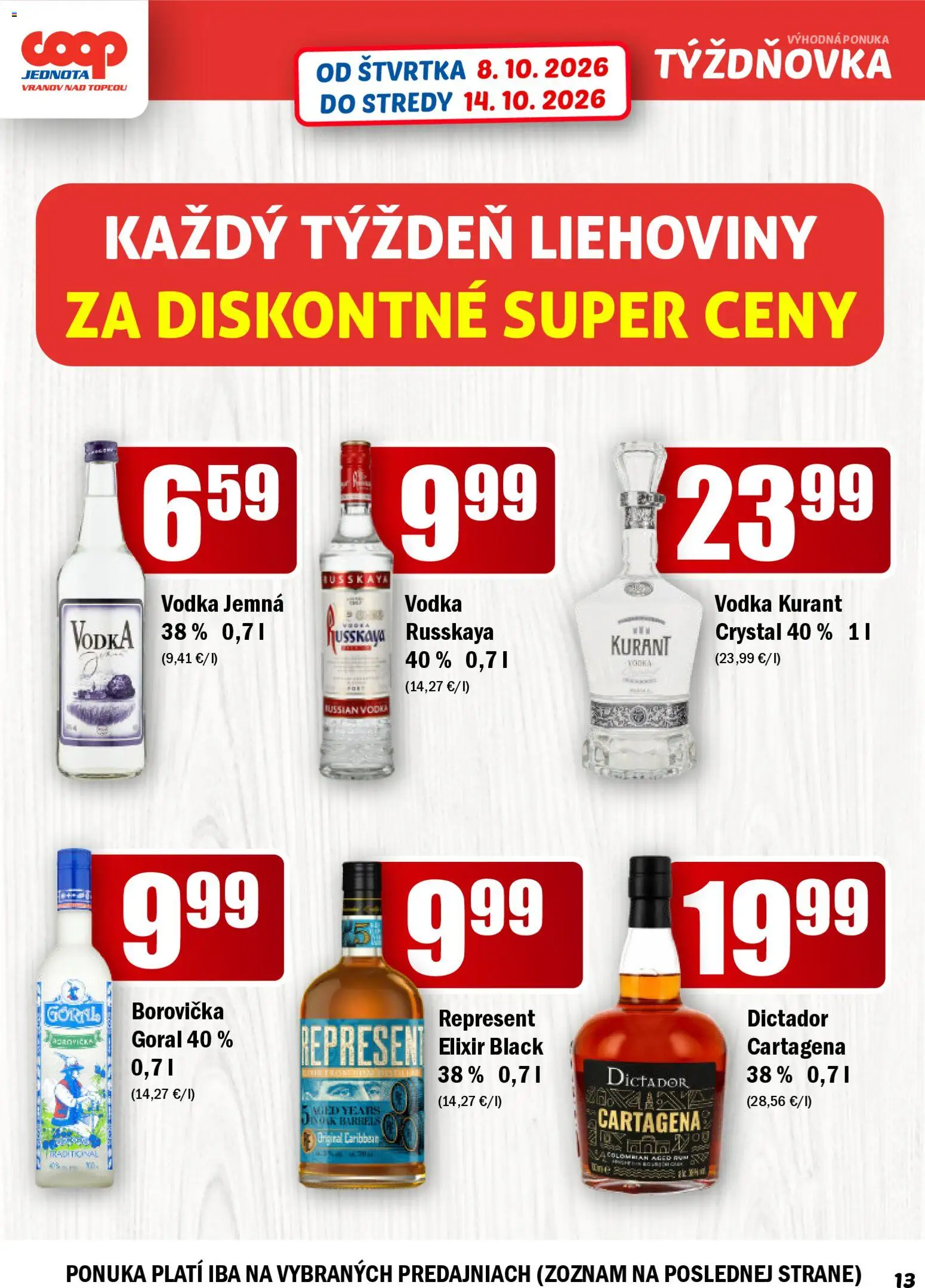 Nové COOP Jednota akcie – leták je platný od 08.10.2026 | Strana: 13 | Produkty: Borovička, Vodka