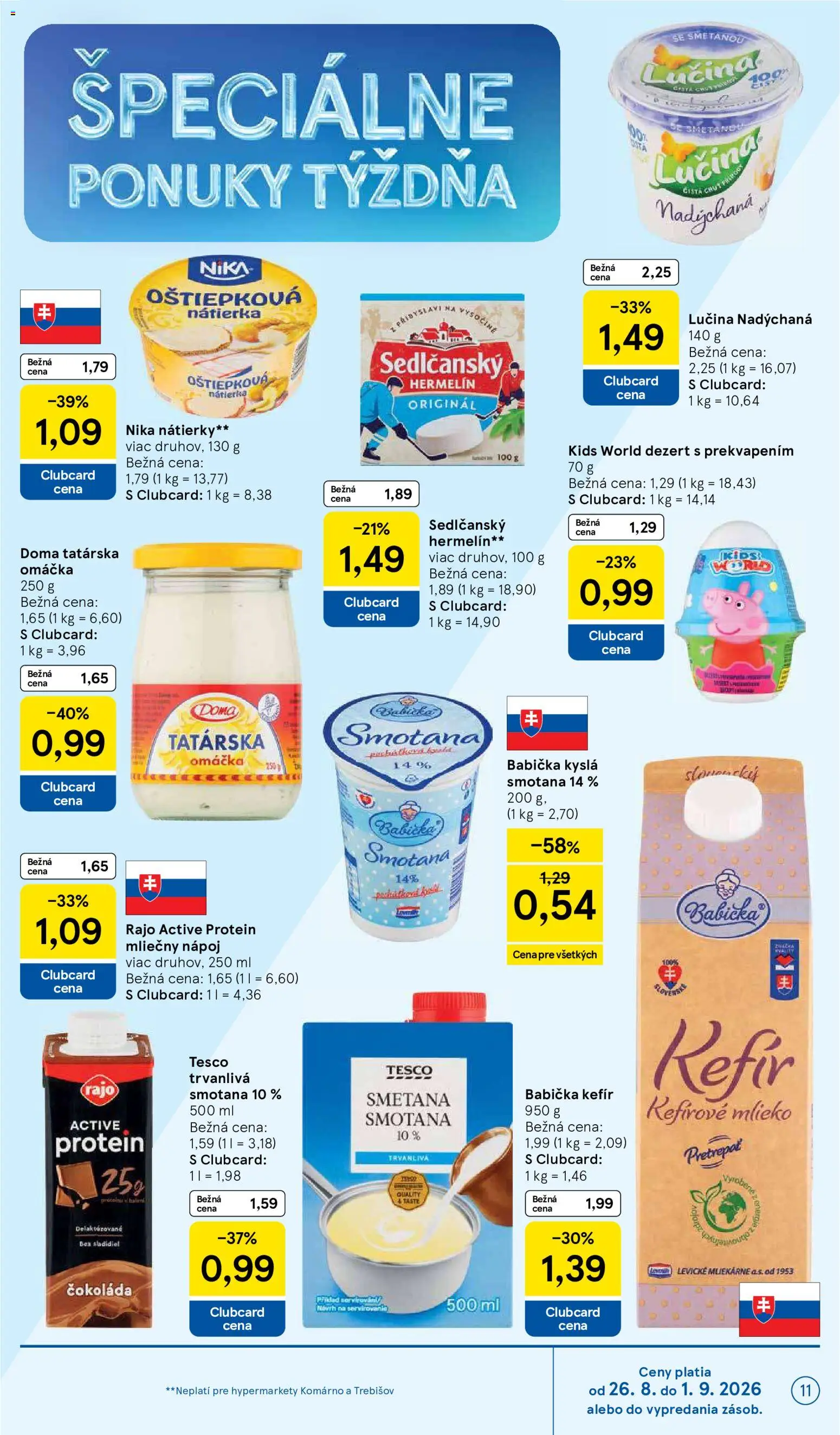 Nové Tesco akcie – leták je platný od 26.08.2026 | Strana: 11 | Produkty: Smotana, Hermelín, Omáčka, Kefír