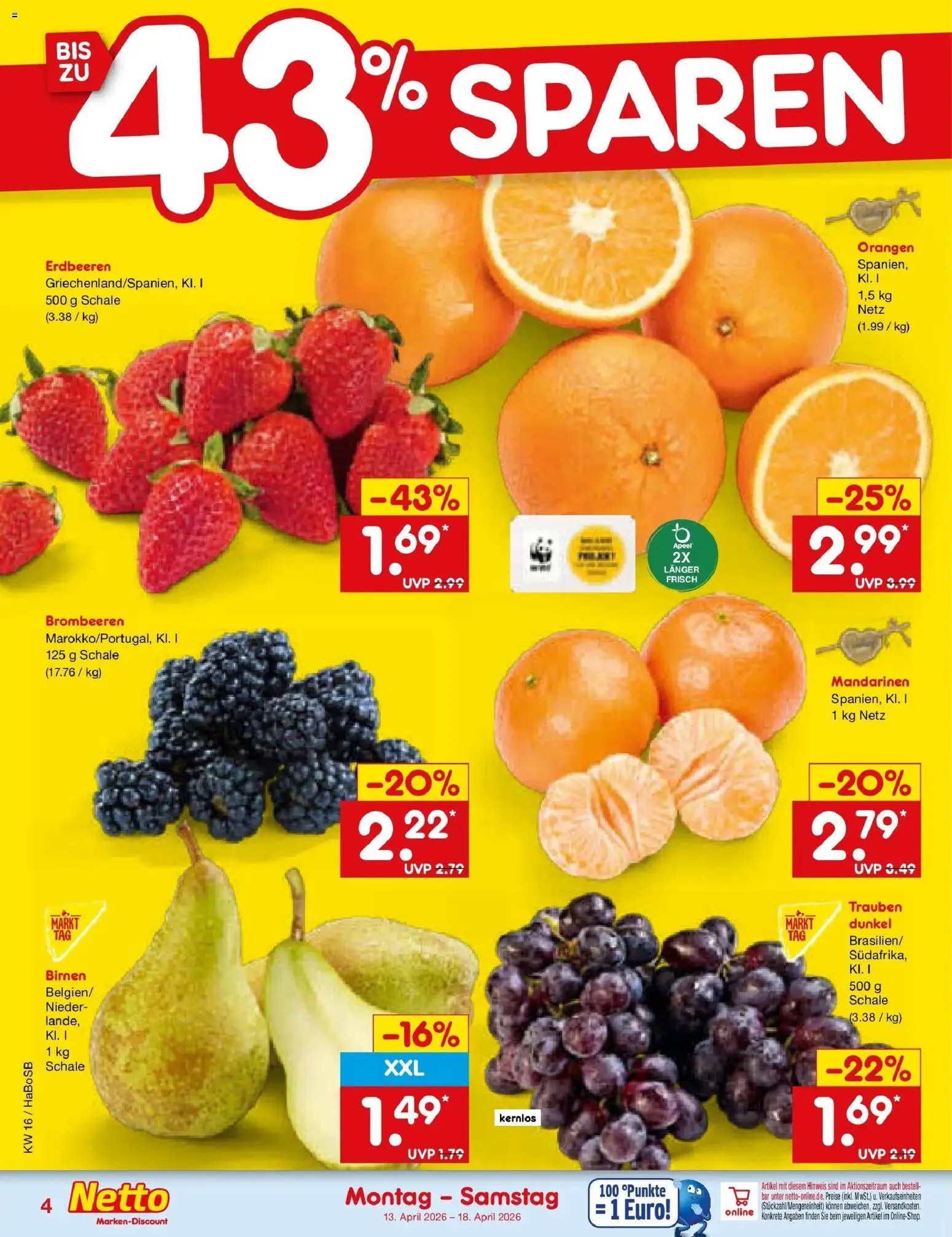 Netto Marken-Discount Prospekt Wuppertal	 – gültig ab 13.04.2026 | Seite: 6 | Produkte: Trauben, Mandarinen, Orangen, Erdbeeren